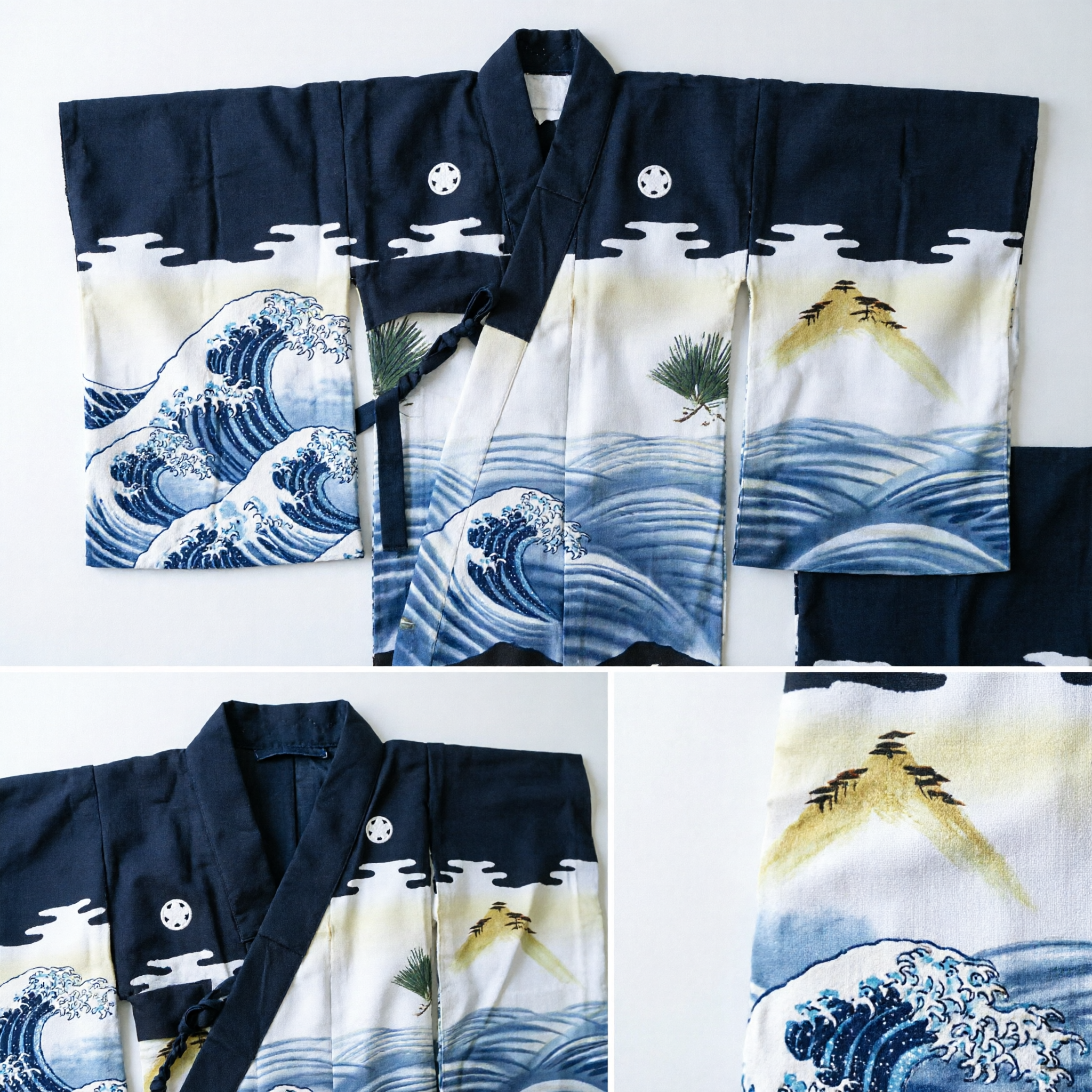 Women's Traditional Japanese Black Kimono with Blue Wave and Pine Tree Design for Formal Wedding Ceremonies