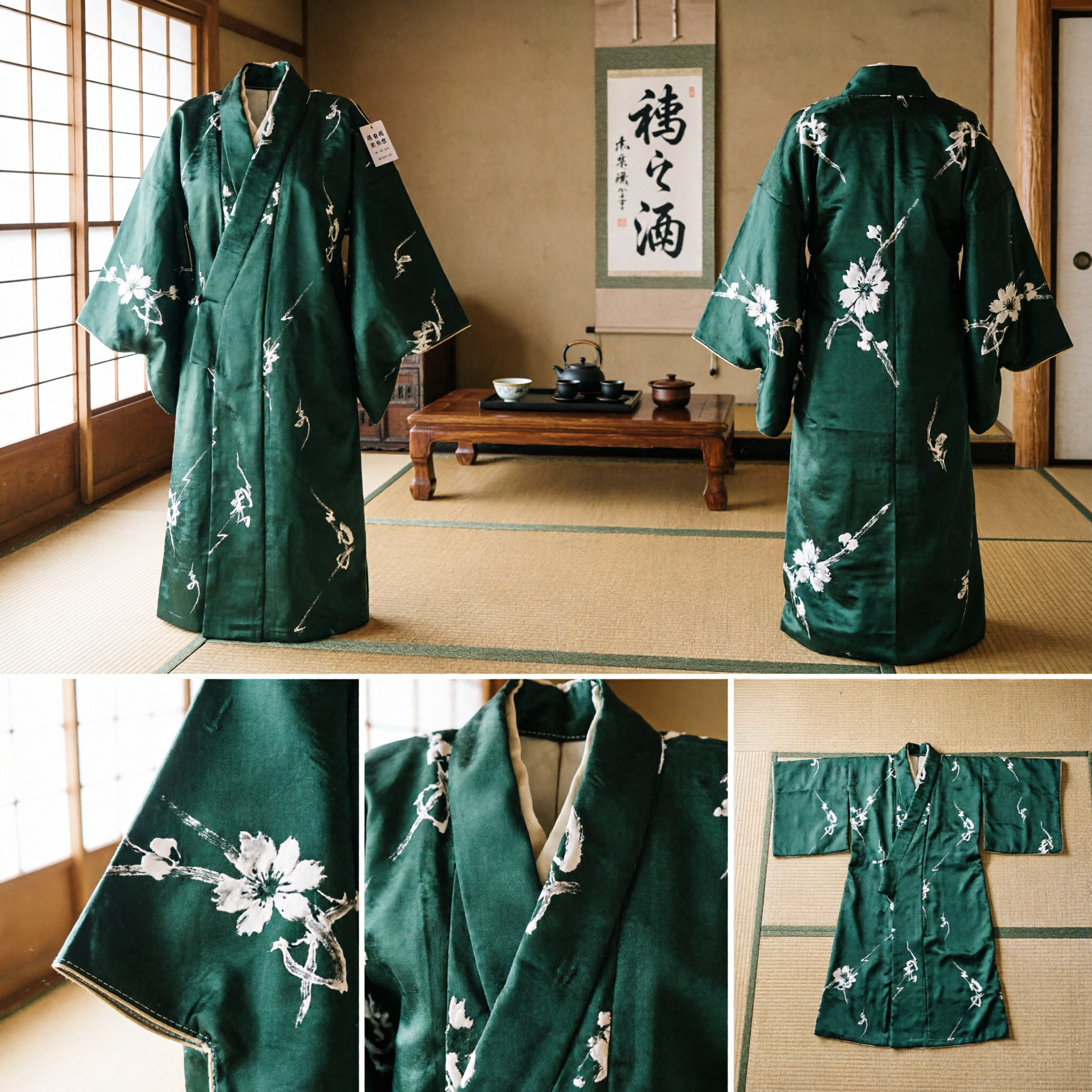Traditional Japanese Dark Green Kimono Yukata Robe with Abstract Calligraphy Pattern for Men Festival Cosplay Costume