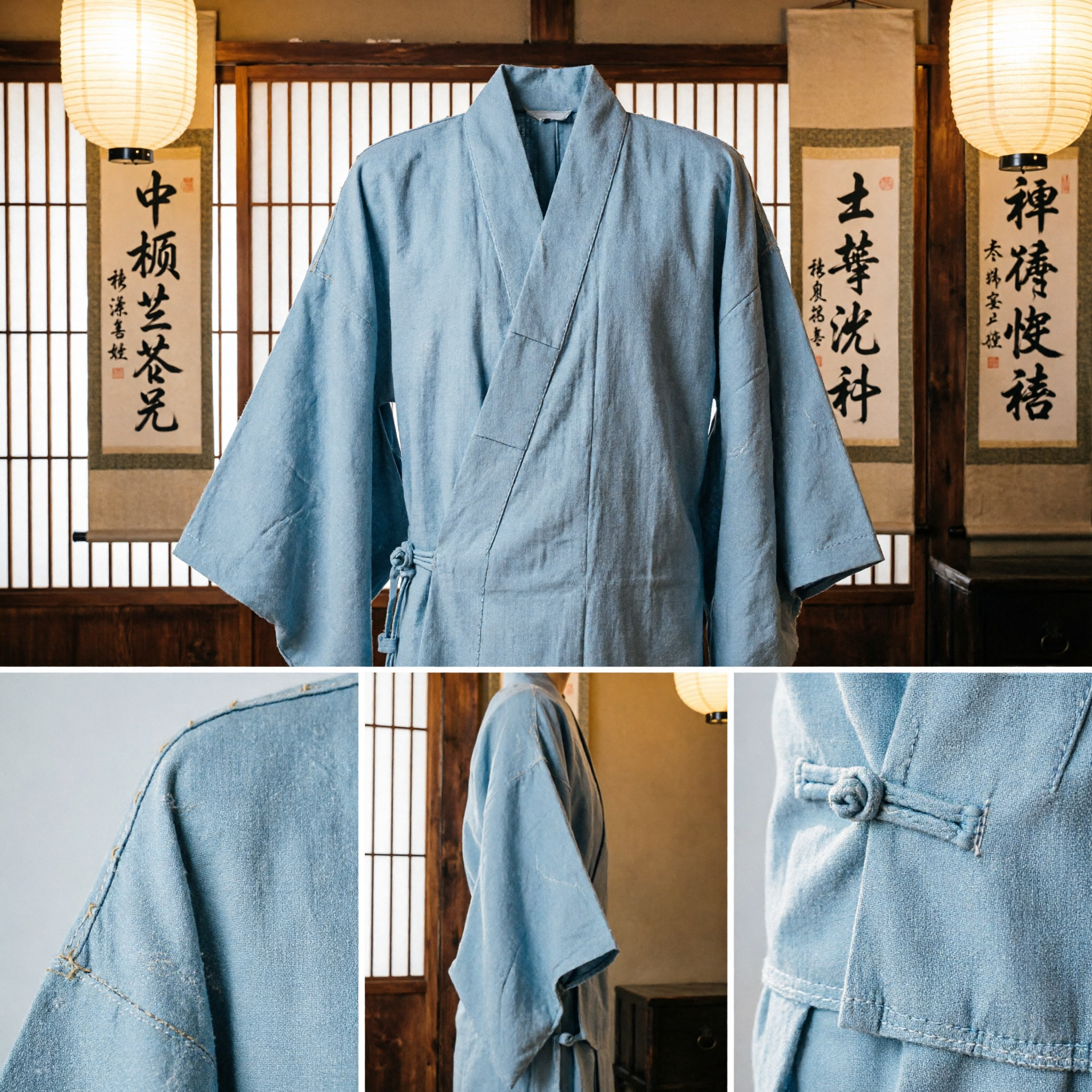 Traditional Chinese Men's Changshan Robe Light Blue Cotton Linen Long Gown for Tea Ceremony and Cosplay