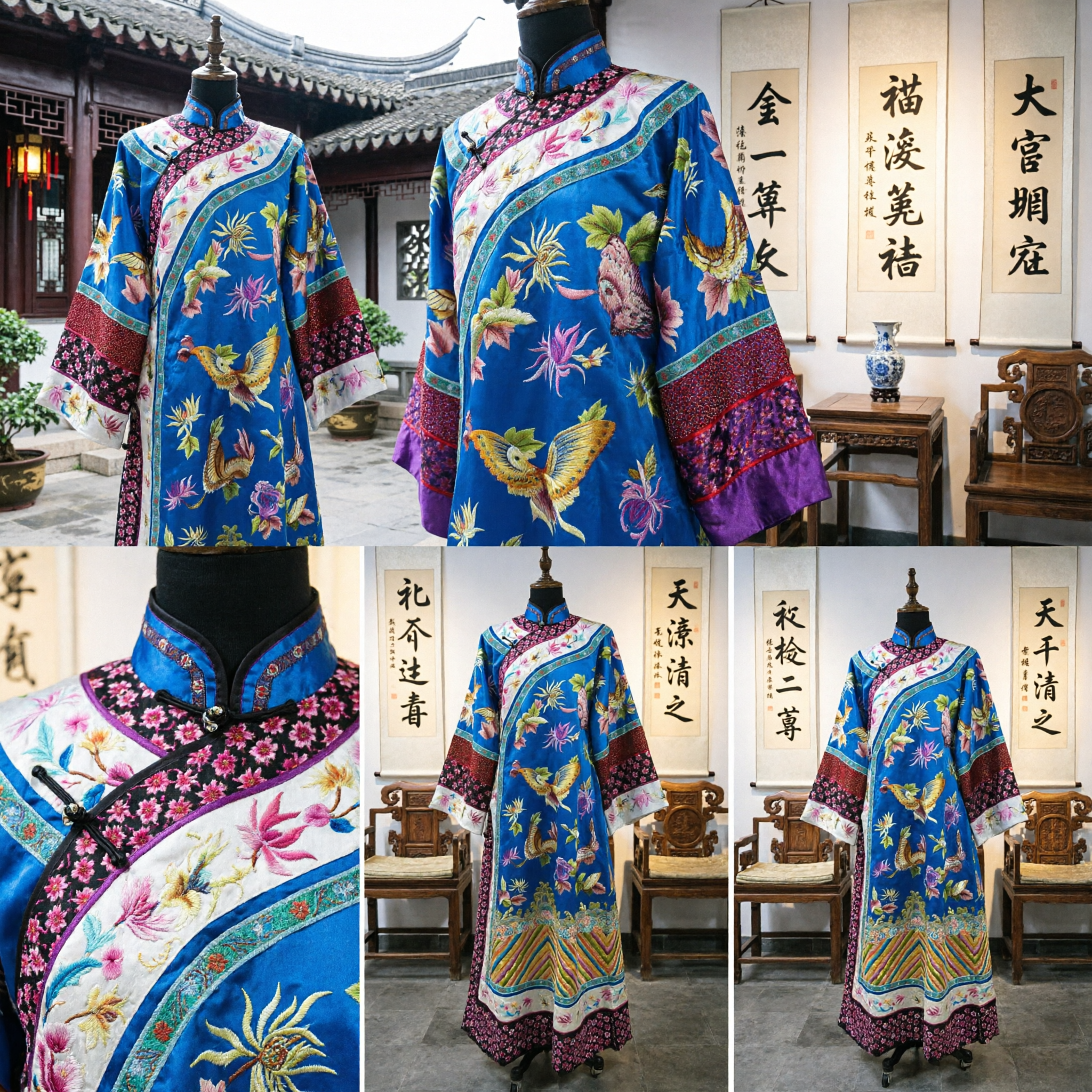 Ancient Chinese Qing Dynasty Blue Floral Butterfly Embroidered Robe Traditional Peking Opera Costume for Women