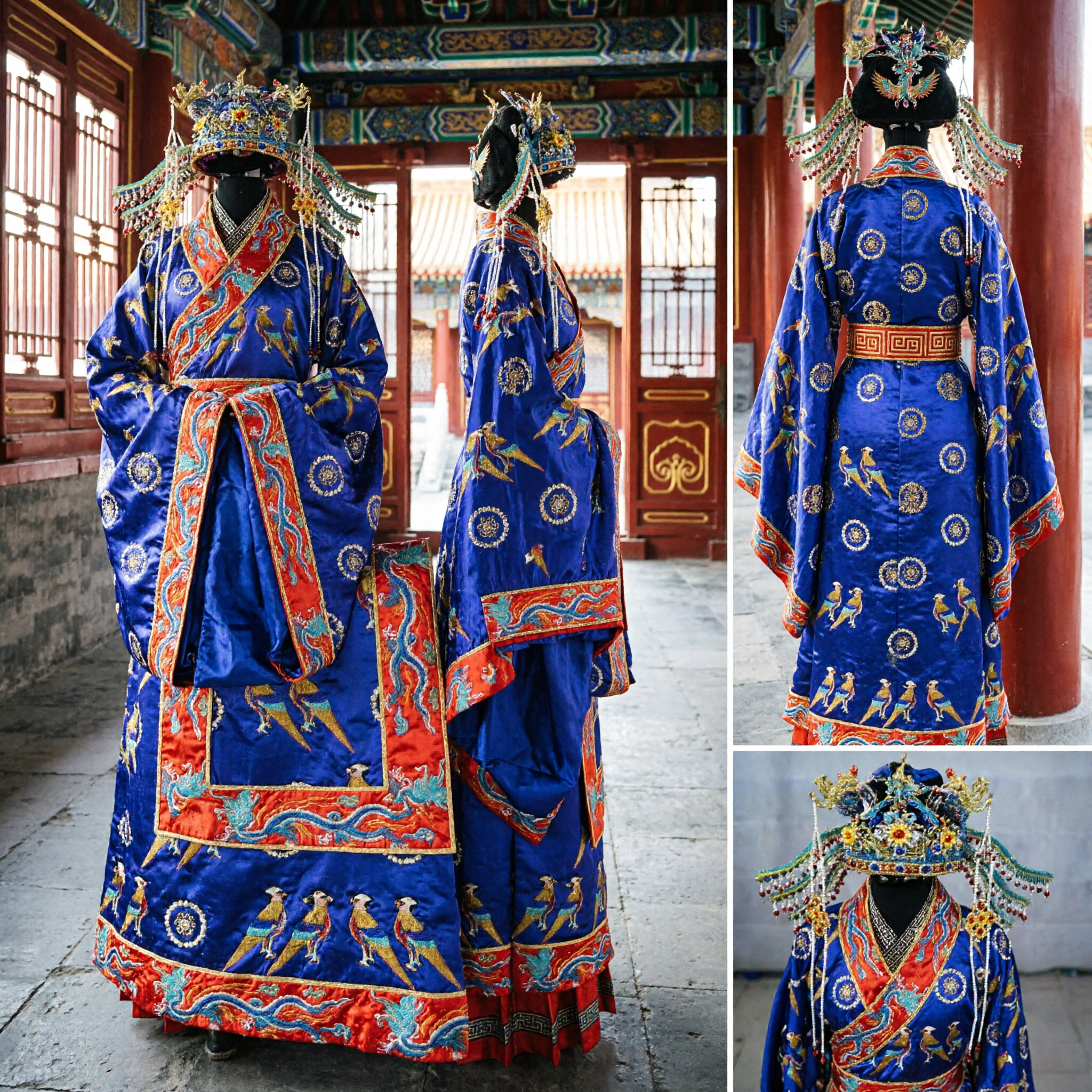 Traditional Chinese Peking Opera Costume Blue Embroidered Phoenix Robe with Headdress for Female General Performance