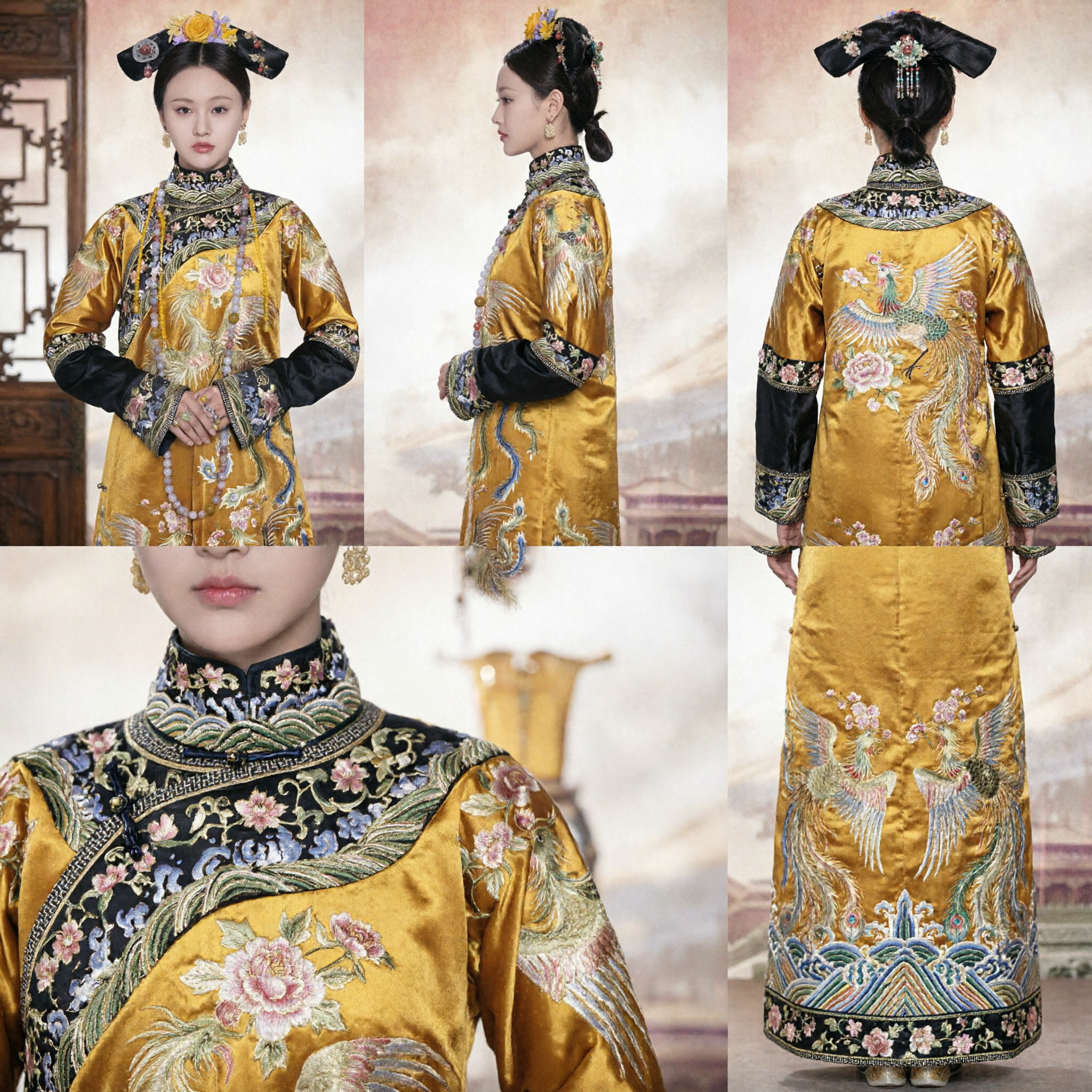 Chinese Traditional Qing Dynasty Manchu Costume Yellow Embroidered Phoenix Robe for Women Palace Drama Cosplay