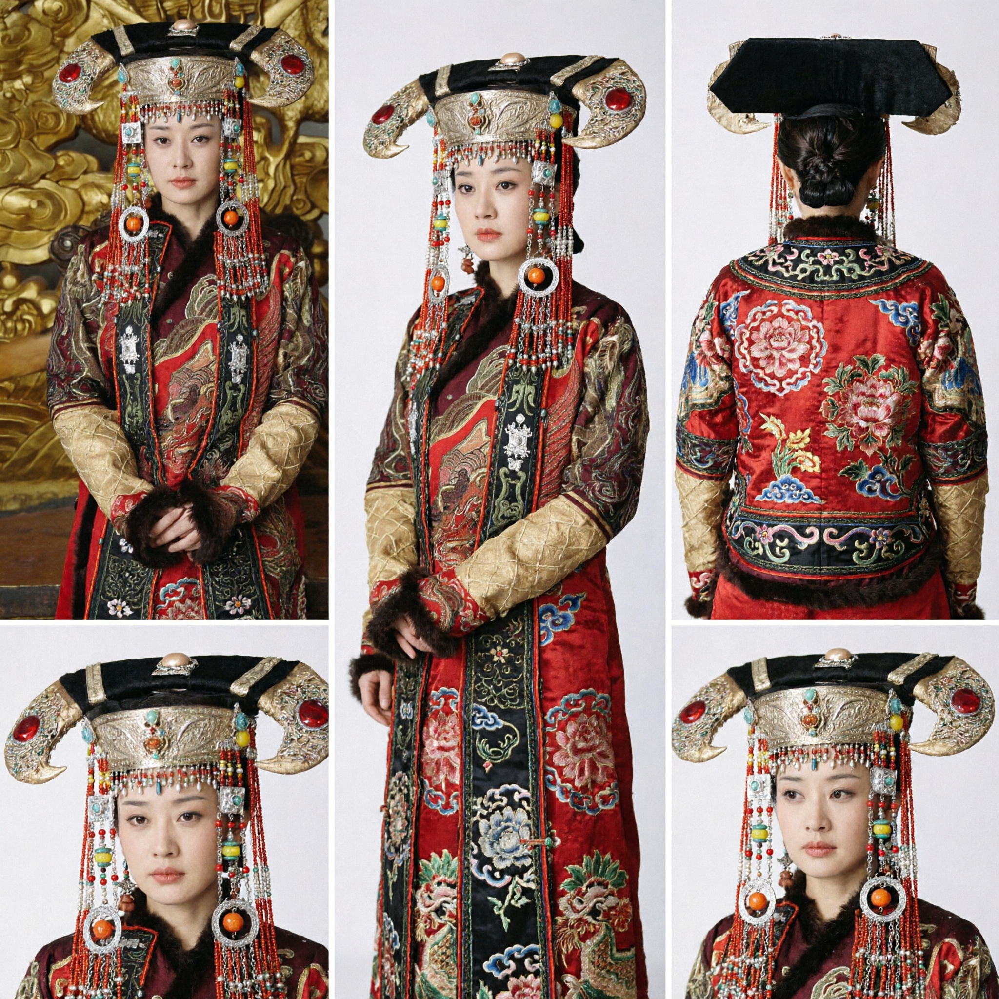 Traditional Chinese Qing Dynasty Empress Costume Ancient Manchu Noblewoman Robe with Ornate Beaded Headdress for Women