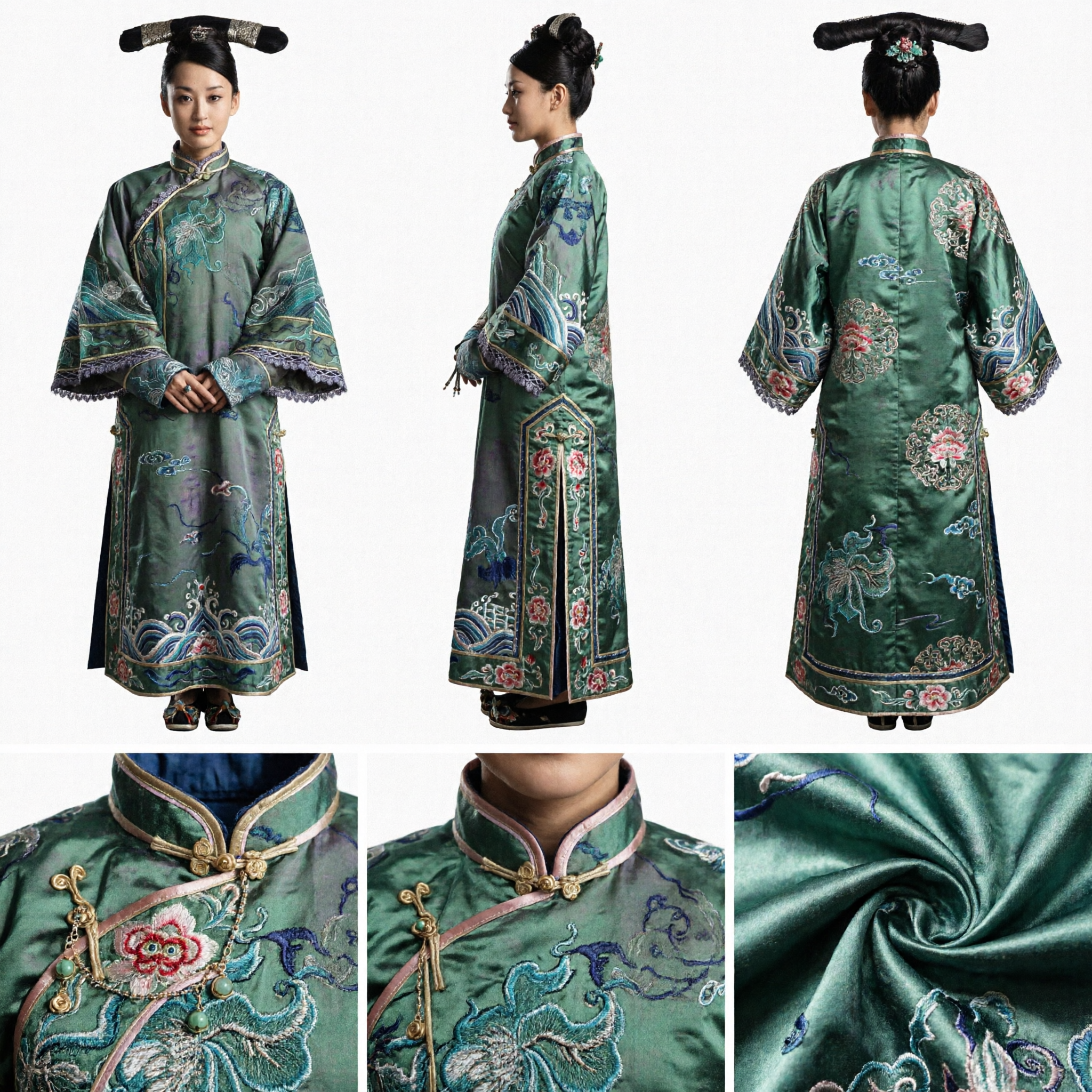 Traditional Chinese Qing Dynasty Noblewoman Green Embroidered Robe and Headdress Costume Set for Women Performance