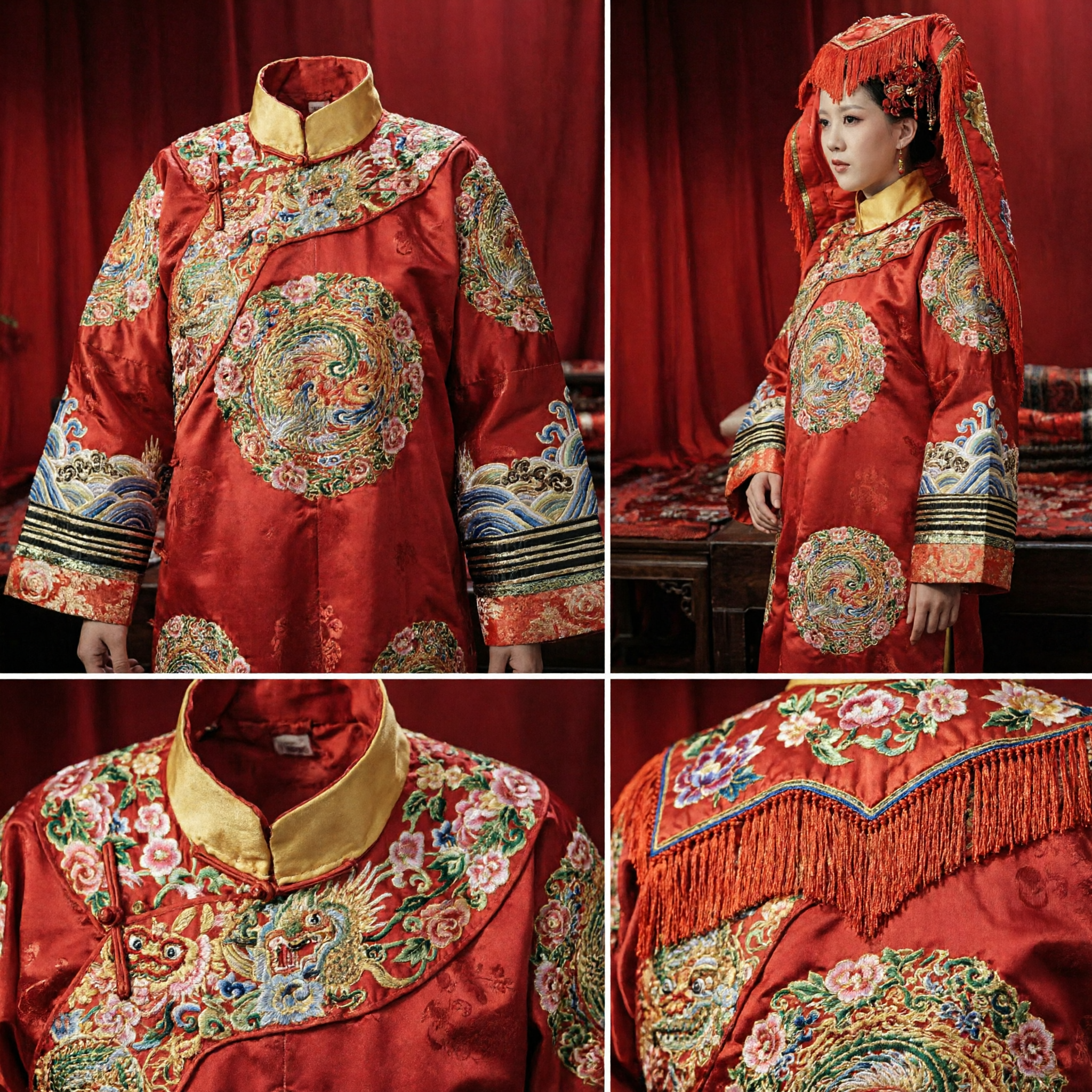 Traditional Chinese Wedding Costume Qing Dynasty Red Embroidered Dragon Robe Ancient Bride Hanfu Dress for Women