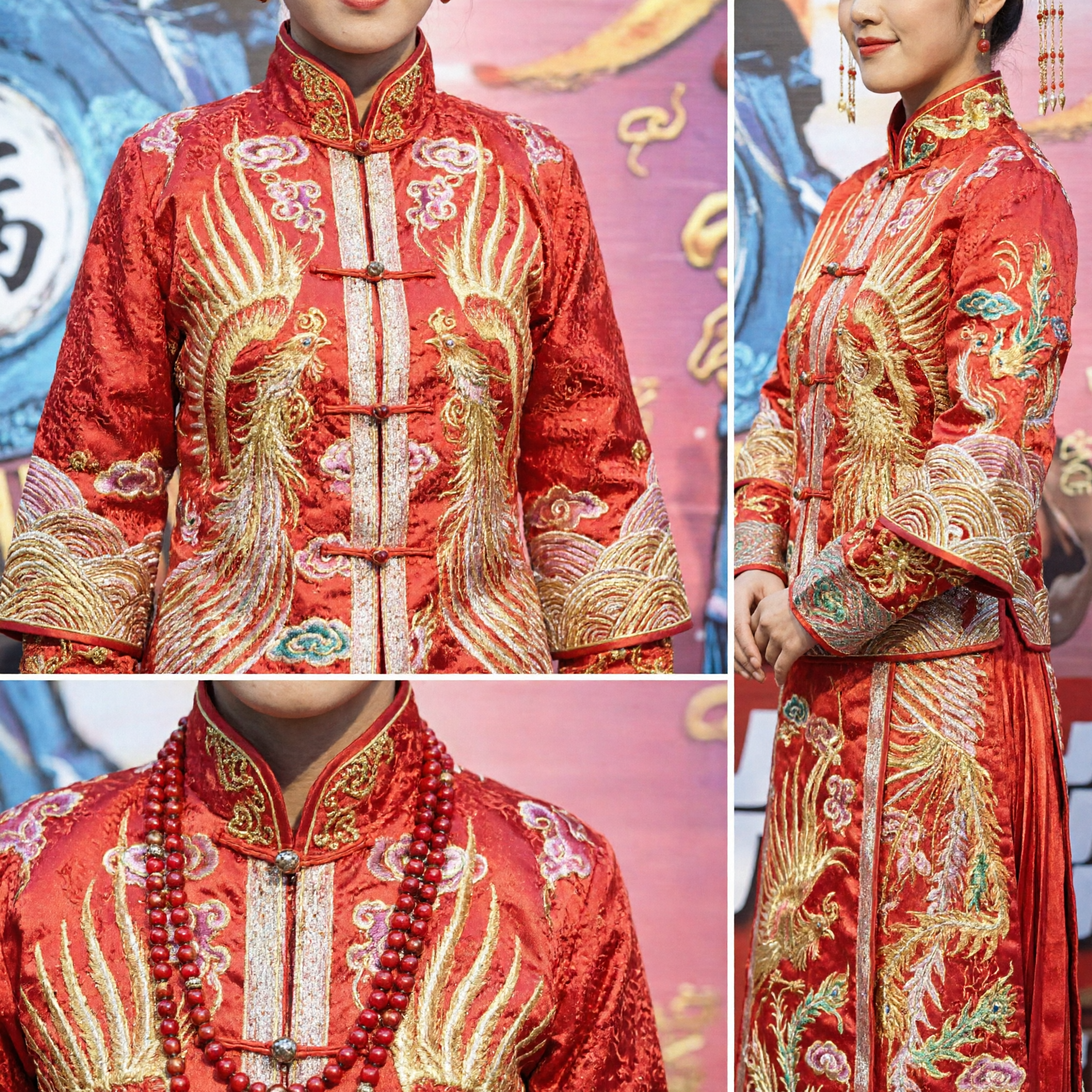 Traditional Chinese Wedding Dress for Women Red Dragon Phoenix Embroidered Gown Bride Costume with Headdress