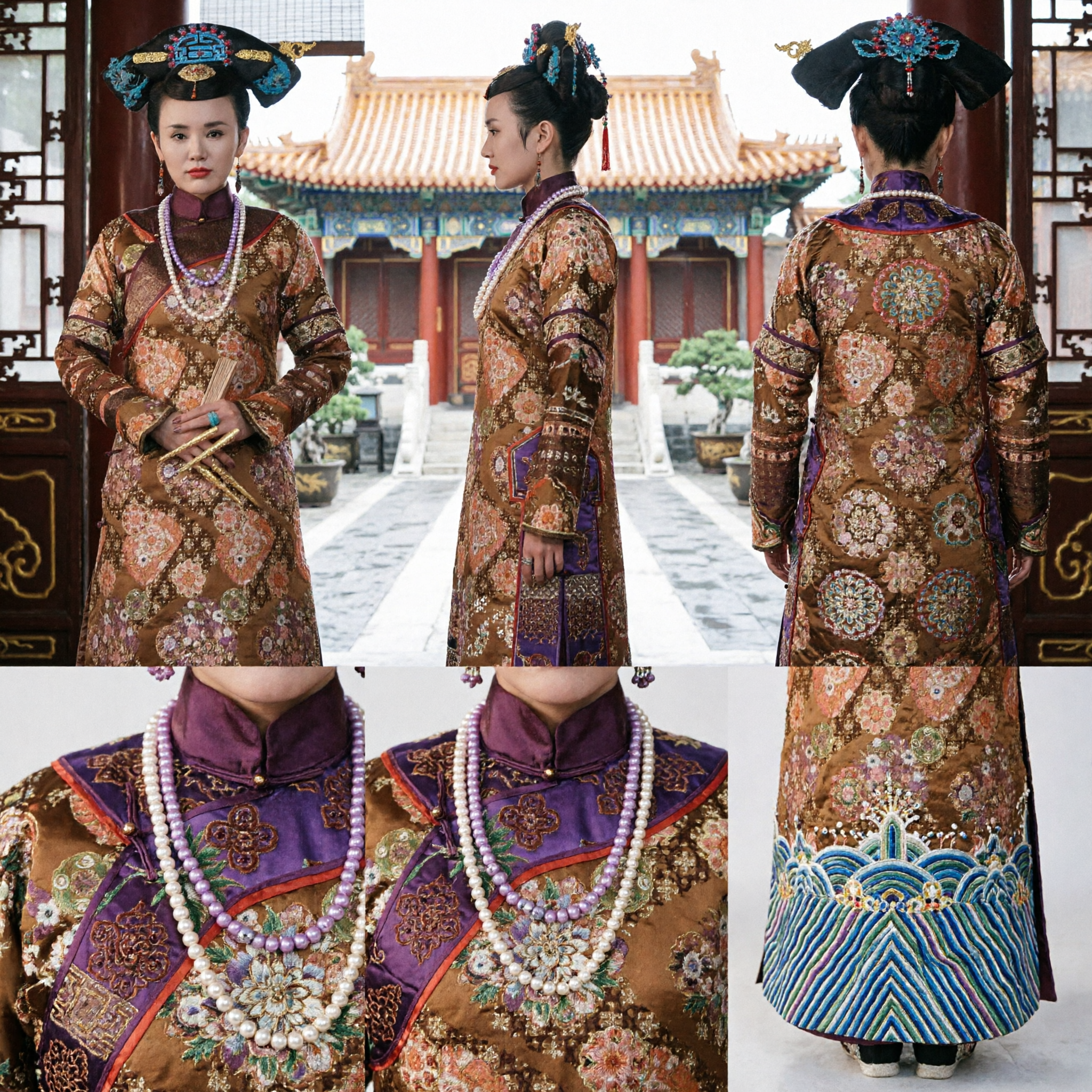 Ancient Chinese Qing Dynasty Manchu Princess Costume Traditional Palace Lady Dress and Headdress Set for Women