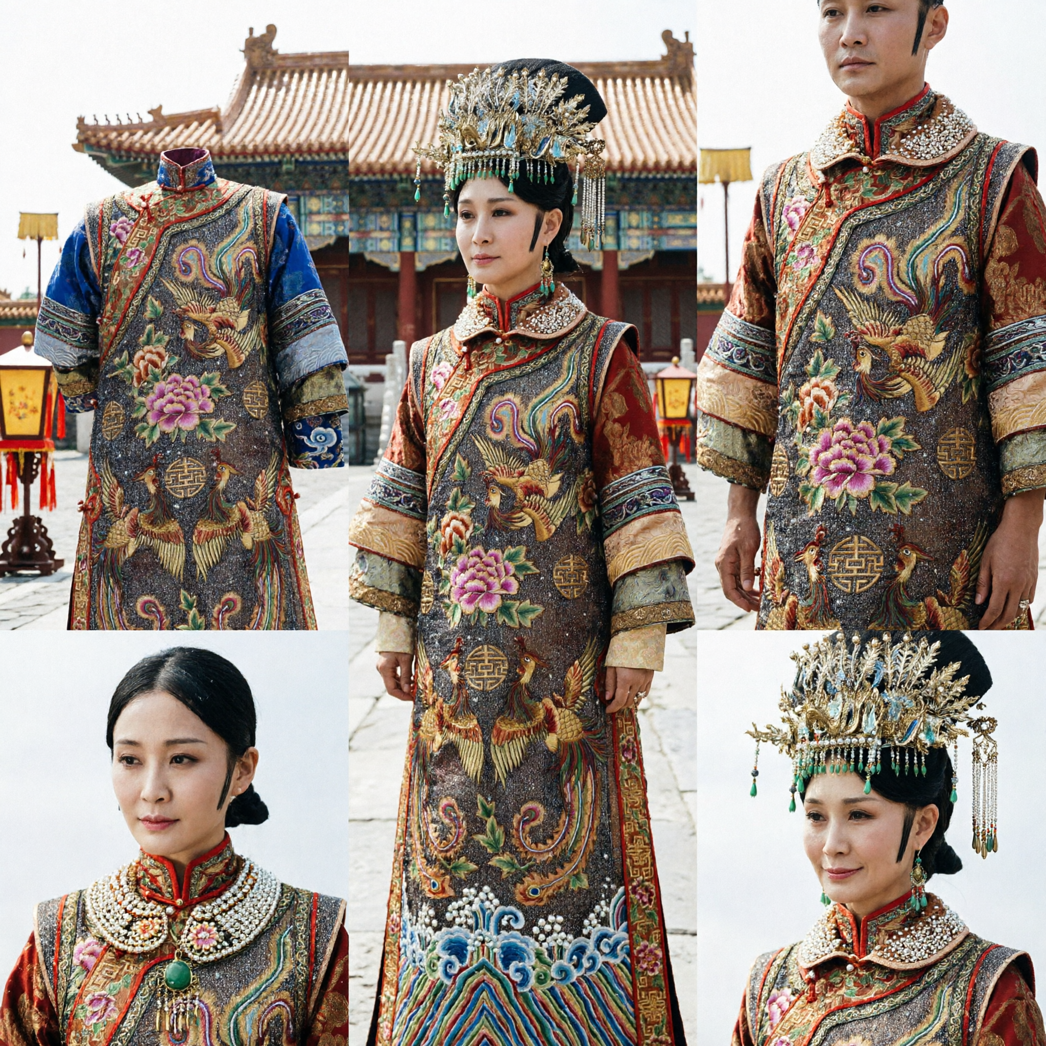 Traditional Chinese Qing Dynasty Empress Court Robe Costume with Phoenix Embroidery and Headdress for Women