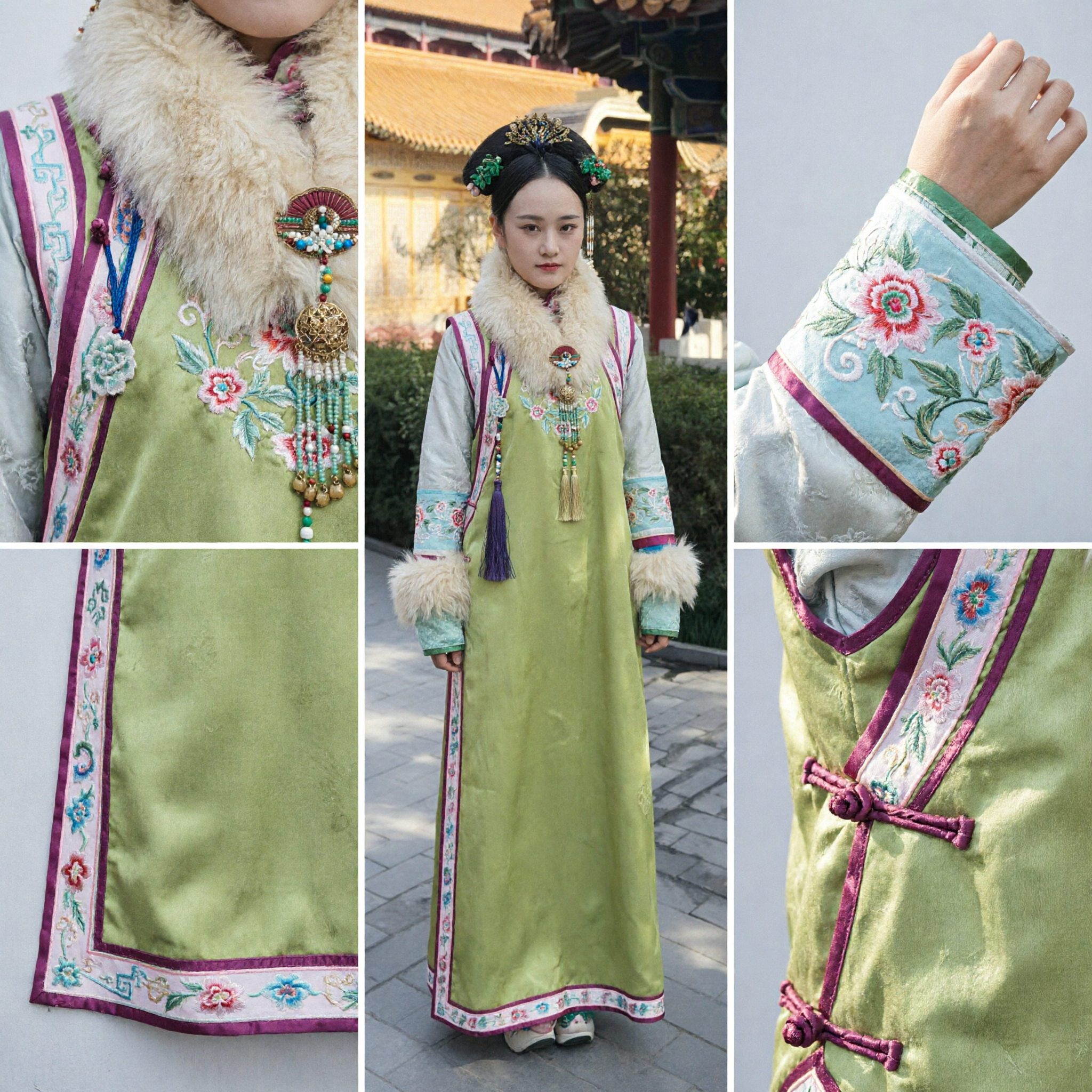 Traditional Chinese Qing Dynasty Manchu Princess Costume Green Silk Robe with White Fur Collar for Women
