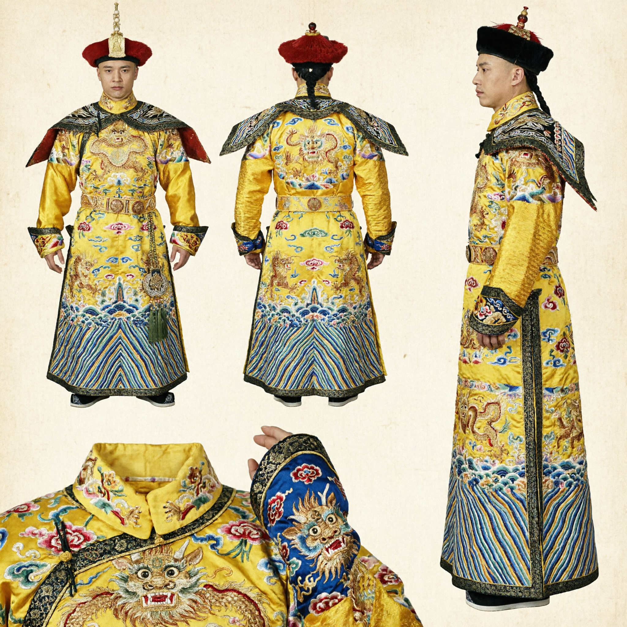 Men's Qing Dynasty Emperor Dragon Robe Costume Traditional Chinese Imperial Yellow Robe with Hat and Necklace Set