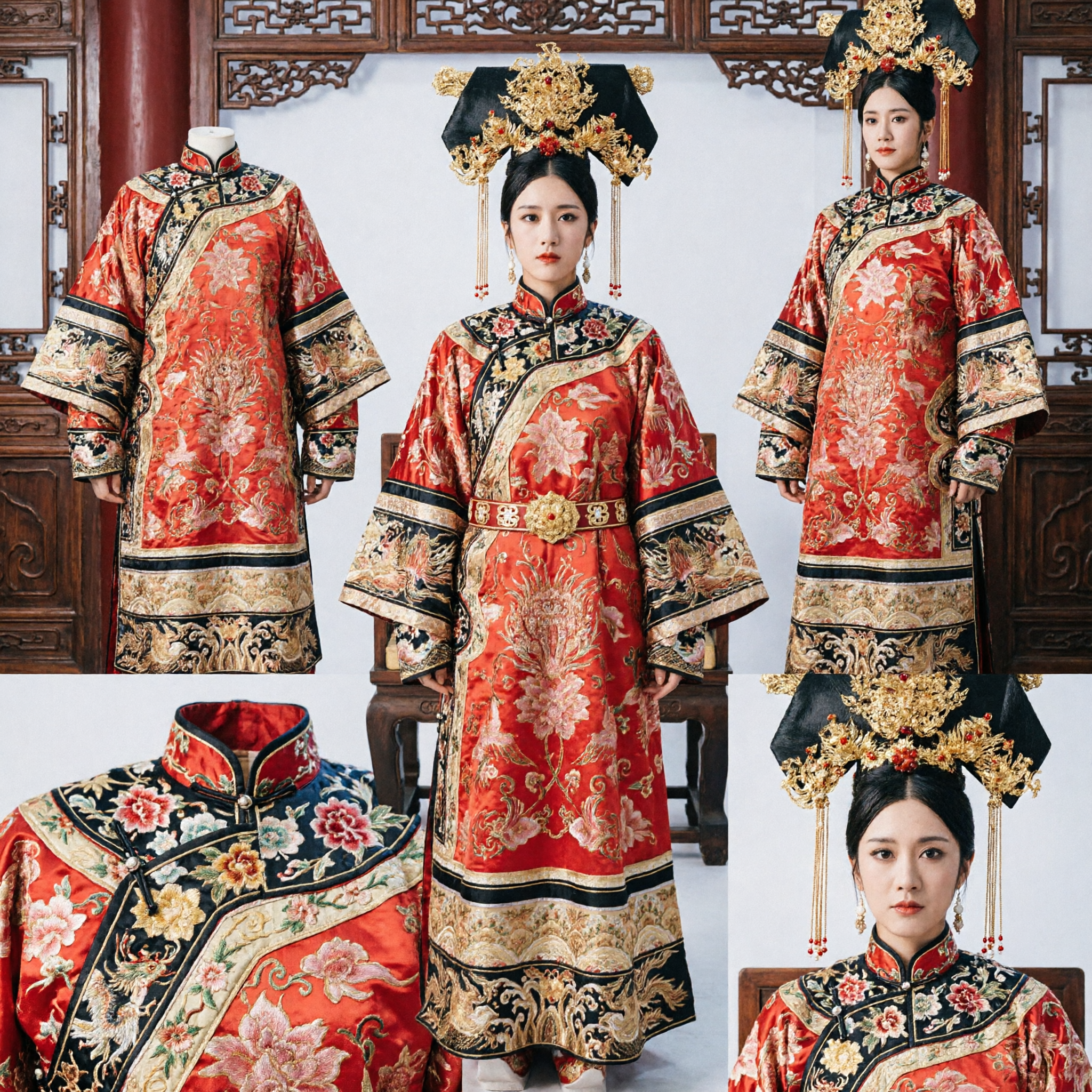 Ancient Chinese Empress Costume Red Dragon Robe with Phoenix Crown Traditional Qing Dynasty Imperial Dress for Women