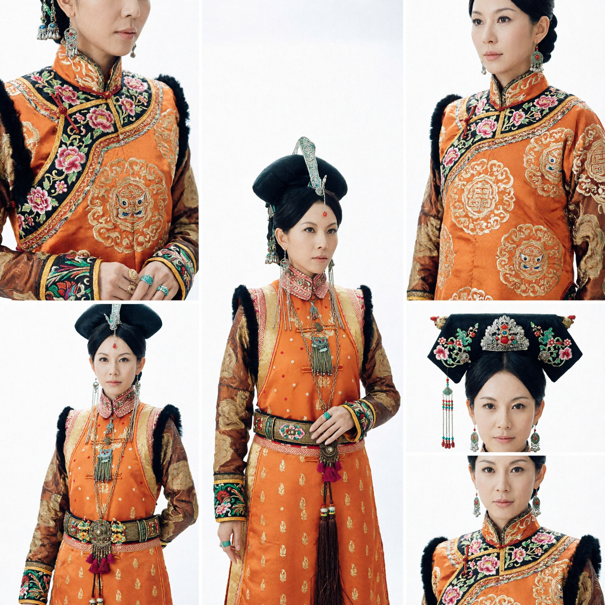 Traditional Chinese Qing Dynasty Manchu Princess Costume Orange Embroidered Court Dress with Headdress for Women