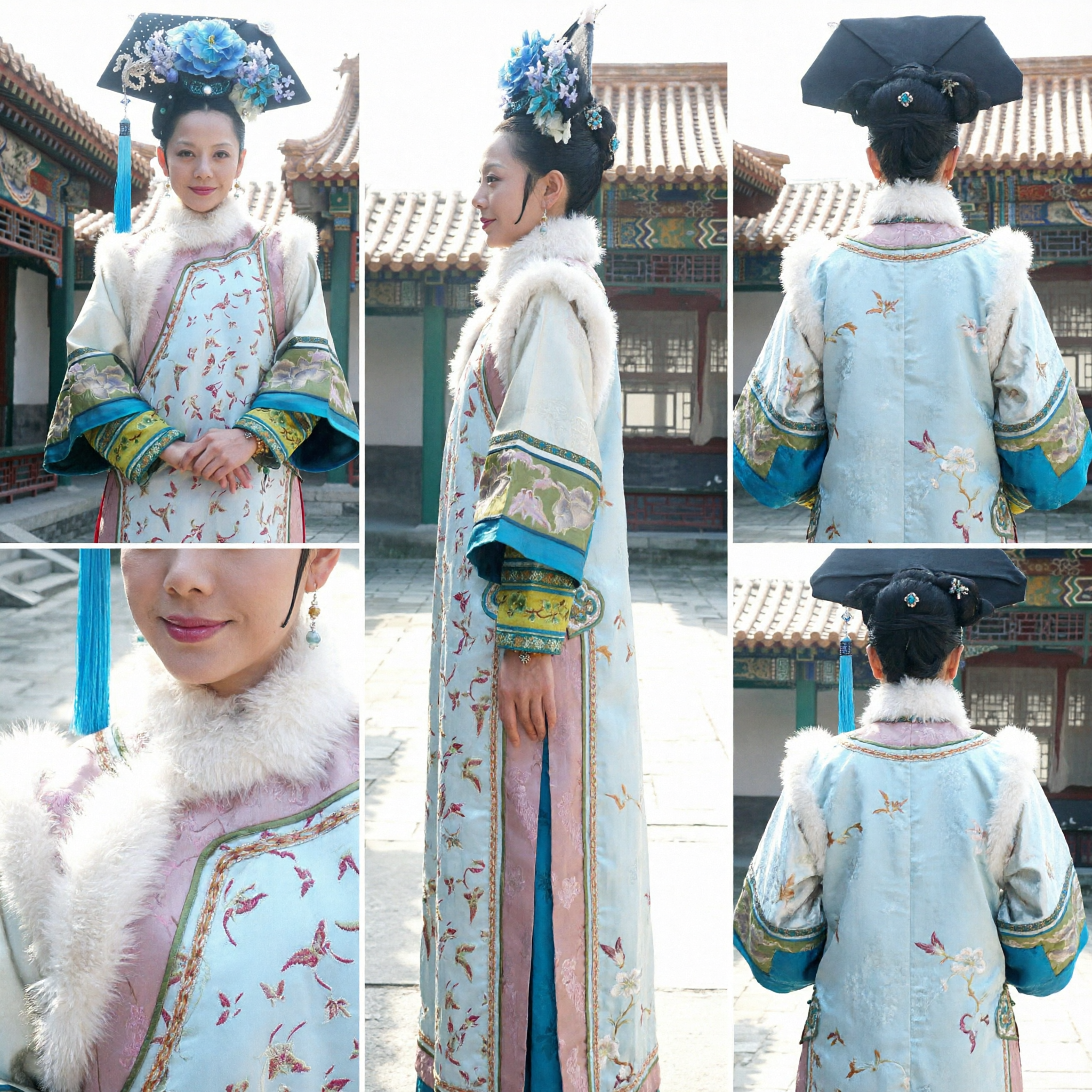 Women's Qing Dynasty Empress Traditional Chinese Costume Ancient Embroidered Robe with Fur Collar and Headpiece for Cosplay