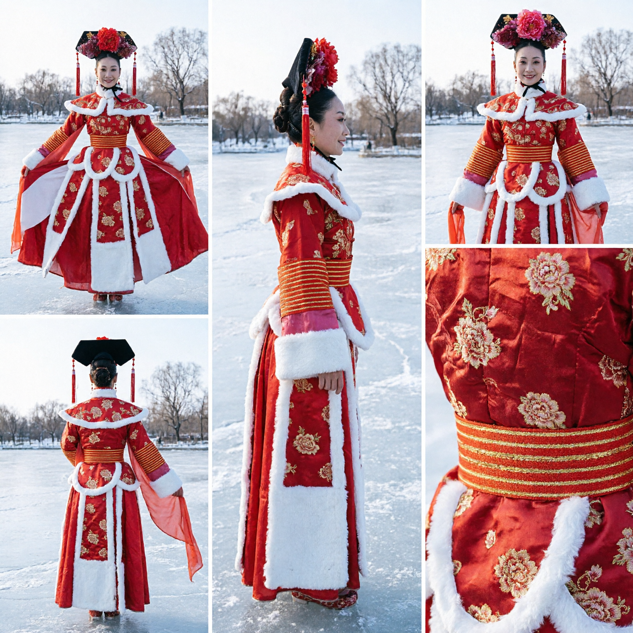 Traditional Chinese Ancient Princess Red Dress Qing Dynasty Manchu Style Fur Trim Dance Costume for Women