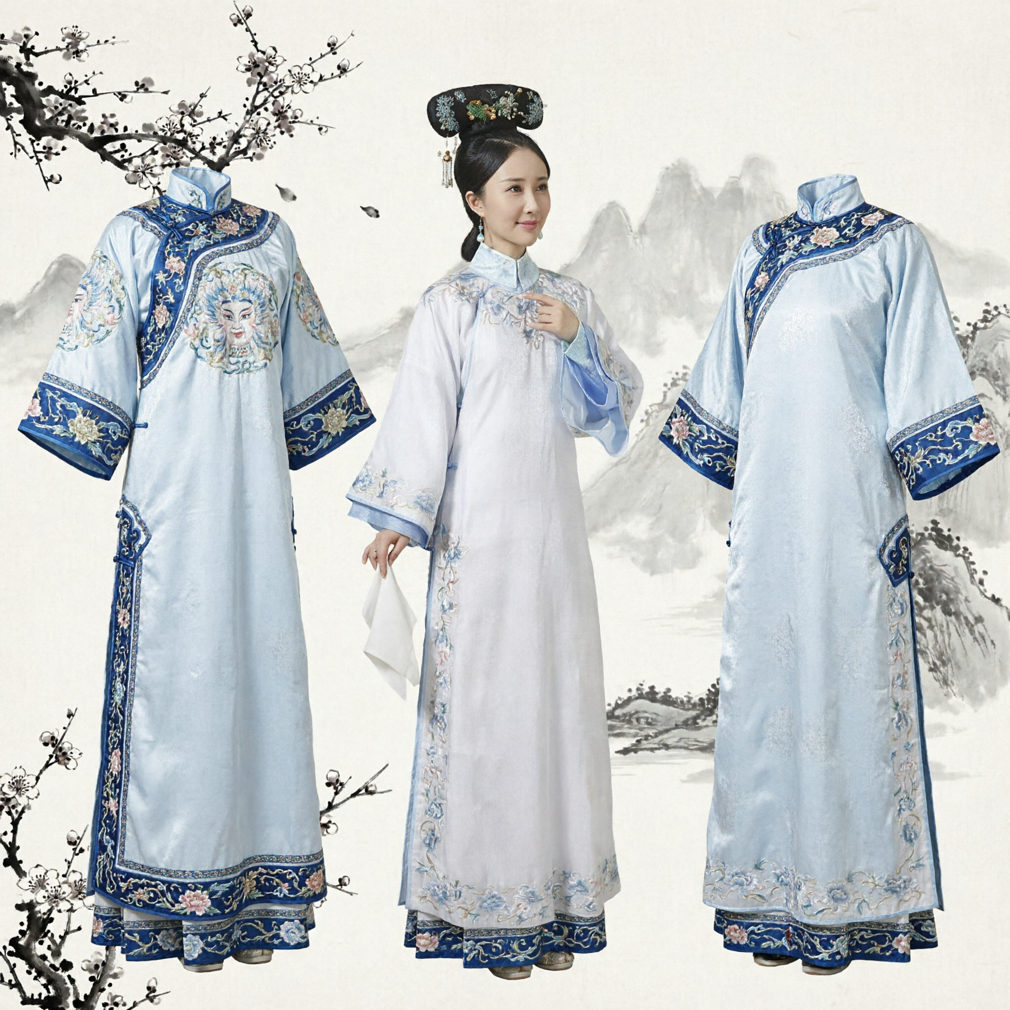 Elegant White Qing Dynasty Palace Lady Costume Traditional Manchu Embroidered Changshan Dress for Women Historical Cosplay