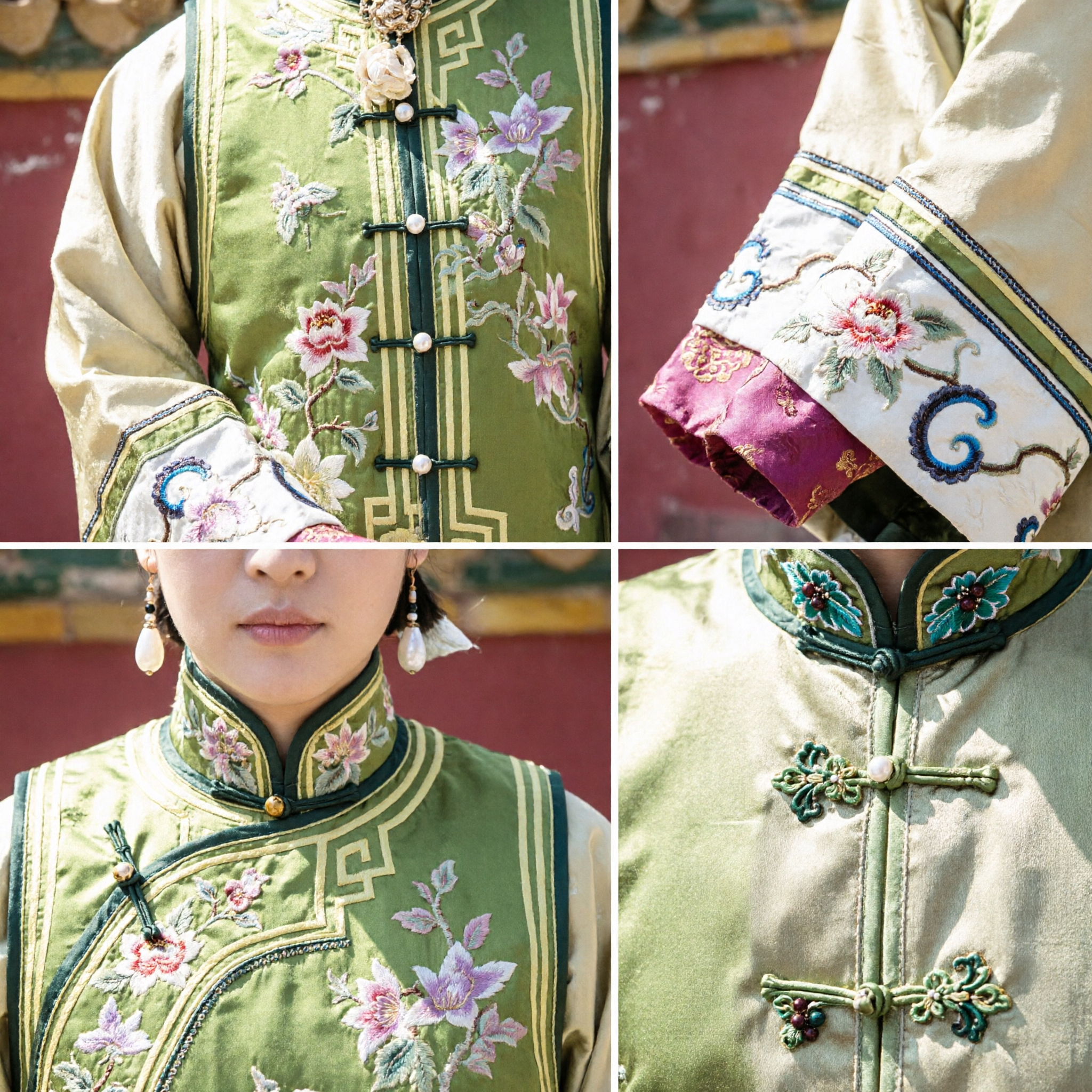 Traditional Chinese Qing Dynasty Manchu Princess Costume Green Embroidered Robe Historical Drama Dress for Women