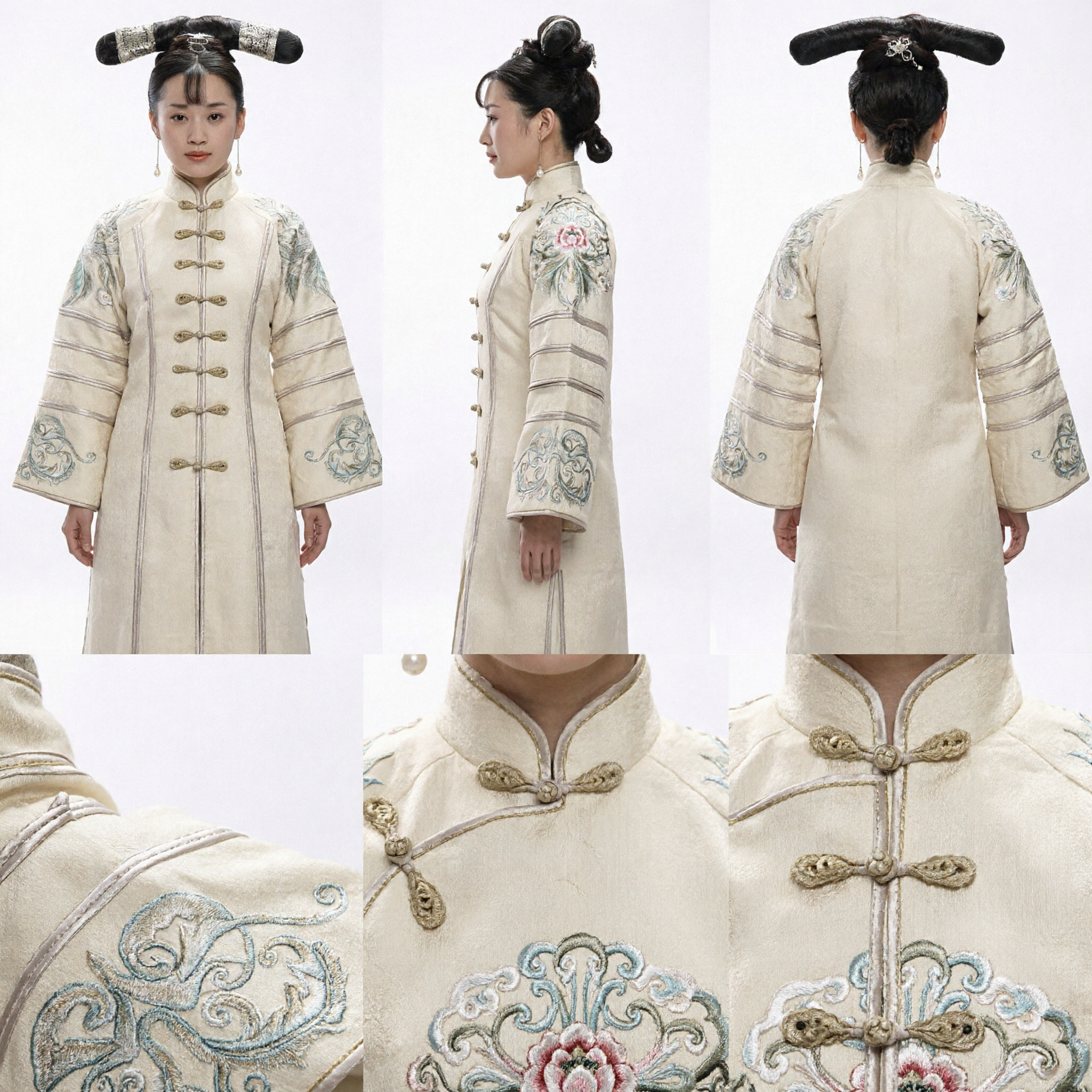 Traditional Qing Dynasty Manchu Princess Costume Cream Embroidered Qizhuang Ancient Chinese Hanfu for Women