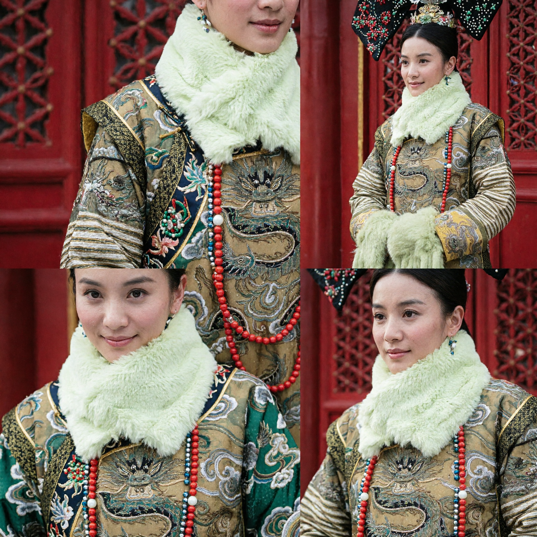 Qing Dynasty Empress Traditional Chinese Costume Set with Dragon Robe, Fur Collar, and Headdress for Women