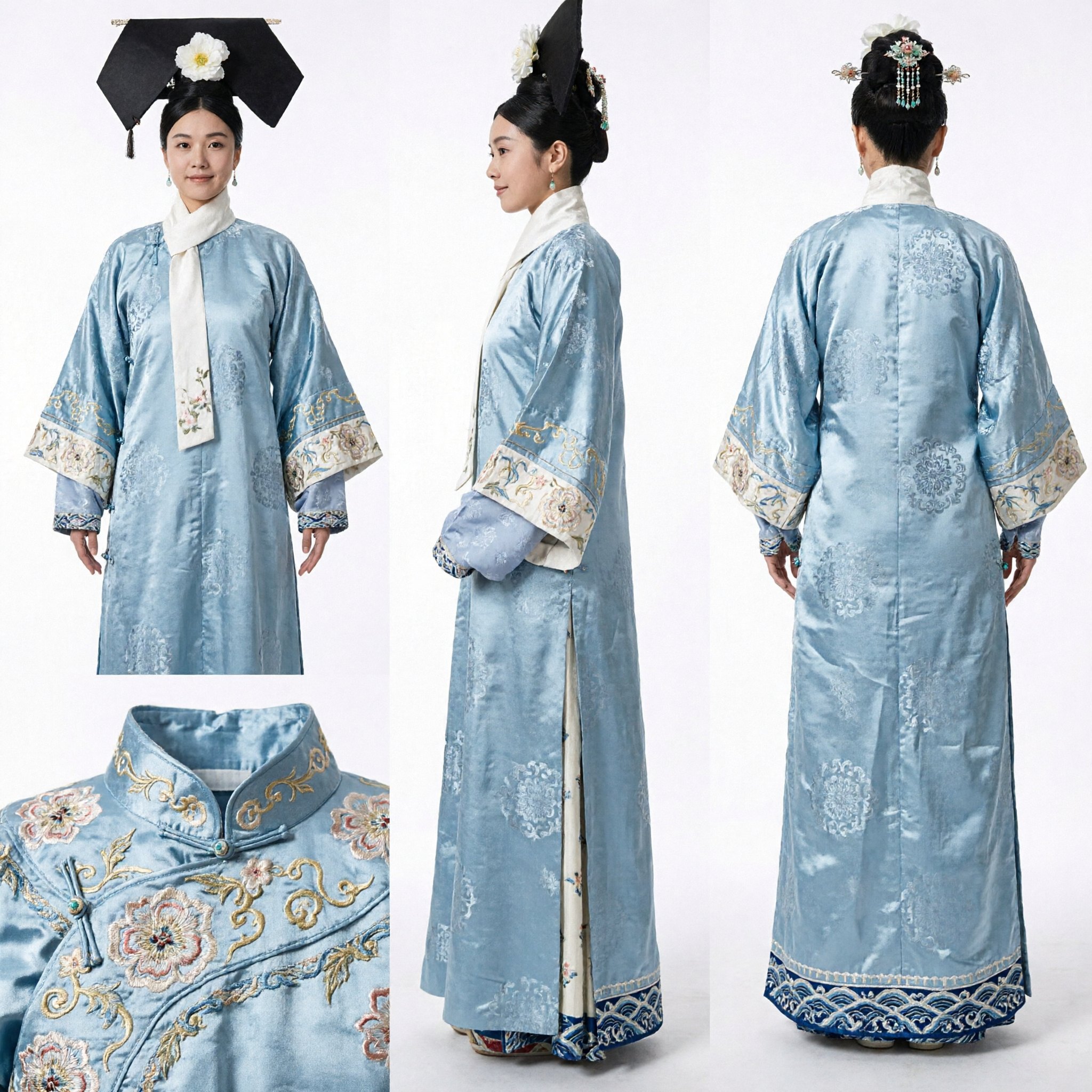 Qing Dynasty Manchu Noblewoman Light Blue Silk Robe Traditional Chinese Palace Costume for Women