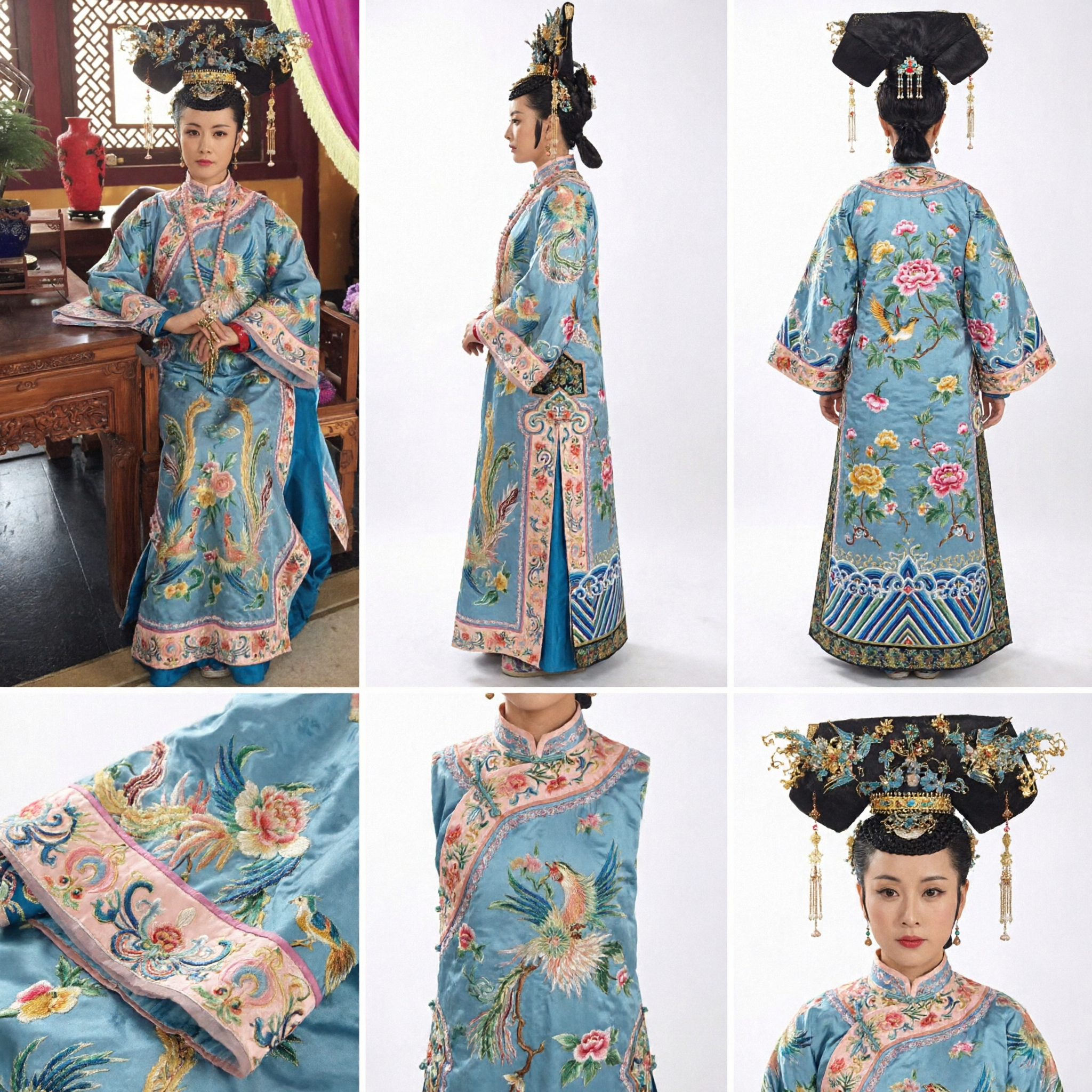 Traditional Chinese Qing Dynasty Palace Lady Costume Blue Embroidered Manchu Robe and Headdress Set for Women
