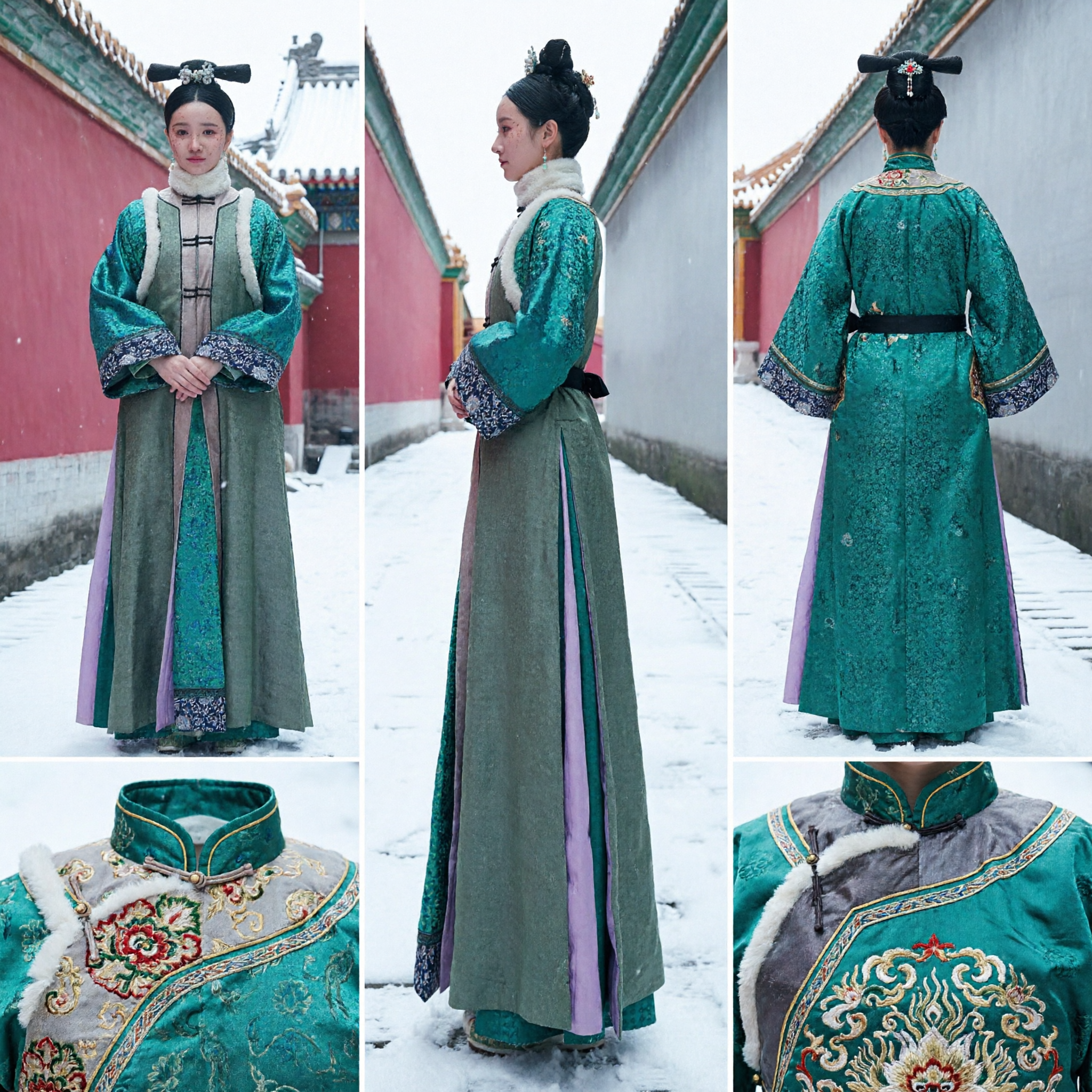 Green Qing Dynasty Manchu Princess Embroidered Robe Traditional Chinese Ancient Costume for Women Photography