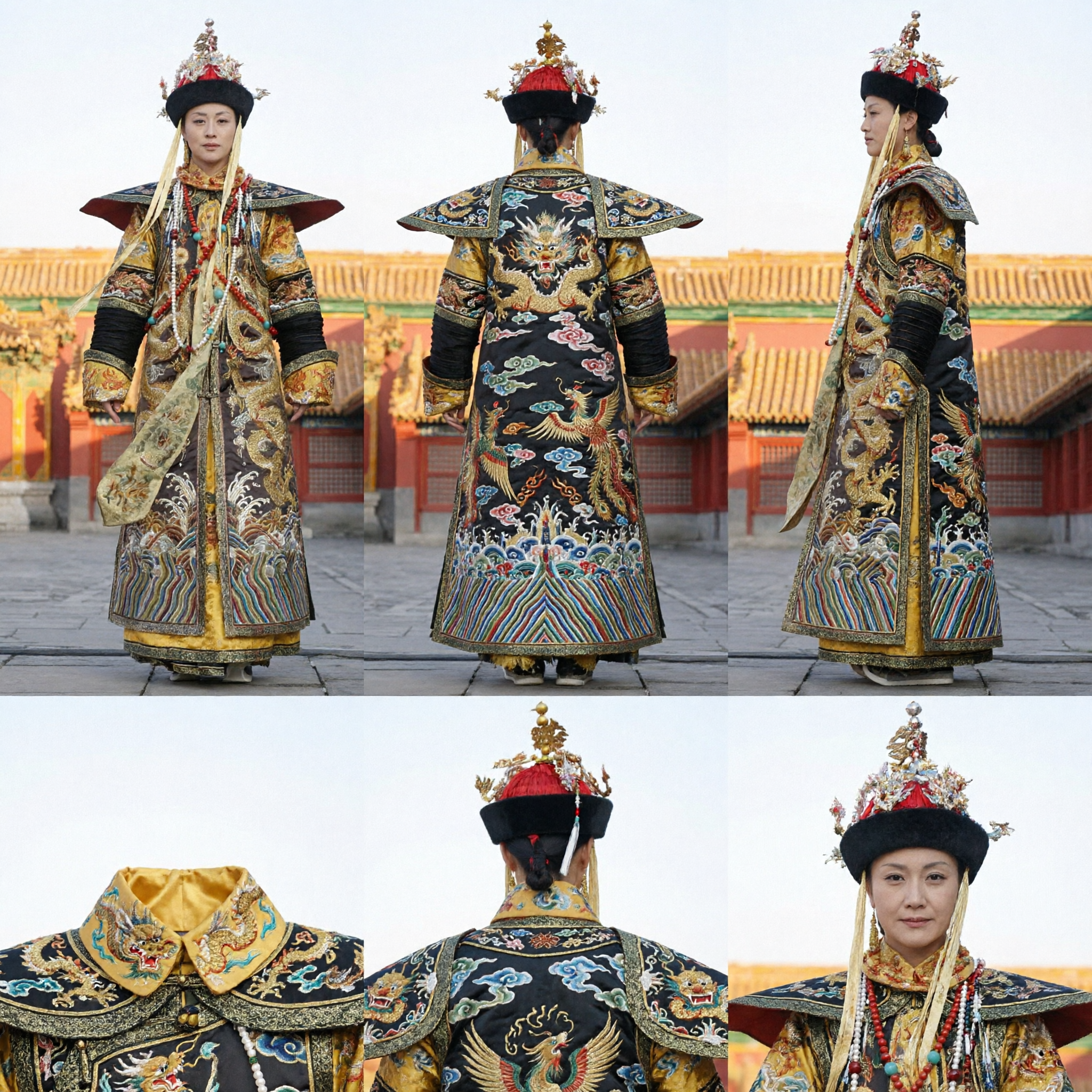 Ancient Chinese Qing Dynasty Empress Yellow Dragon Robe Traditional Imperial Costume Complete Set with Headdress for Women