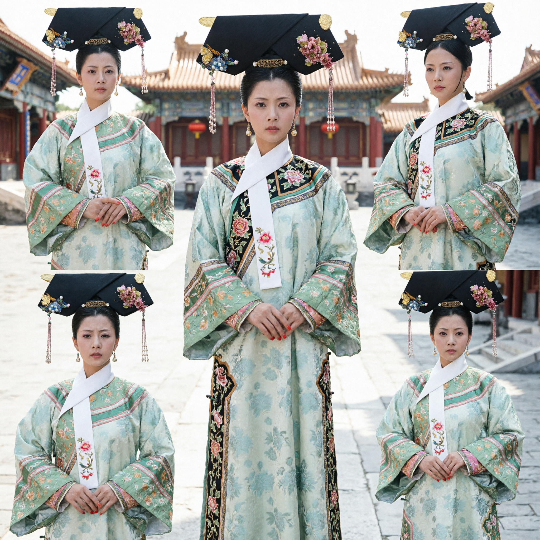 Traditional Chinese Qing Dynasty Manchu Noble Lady Costume Green Floral Robe with Headdress for Women Cosplay