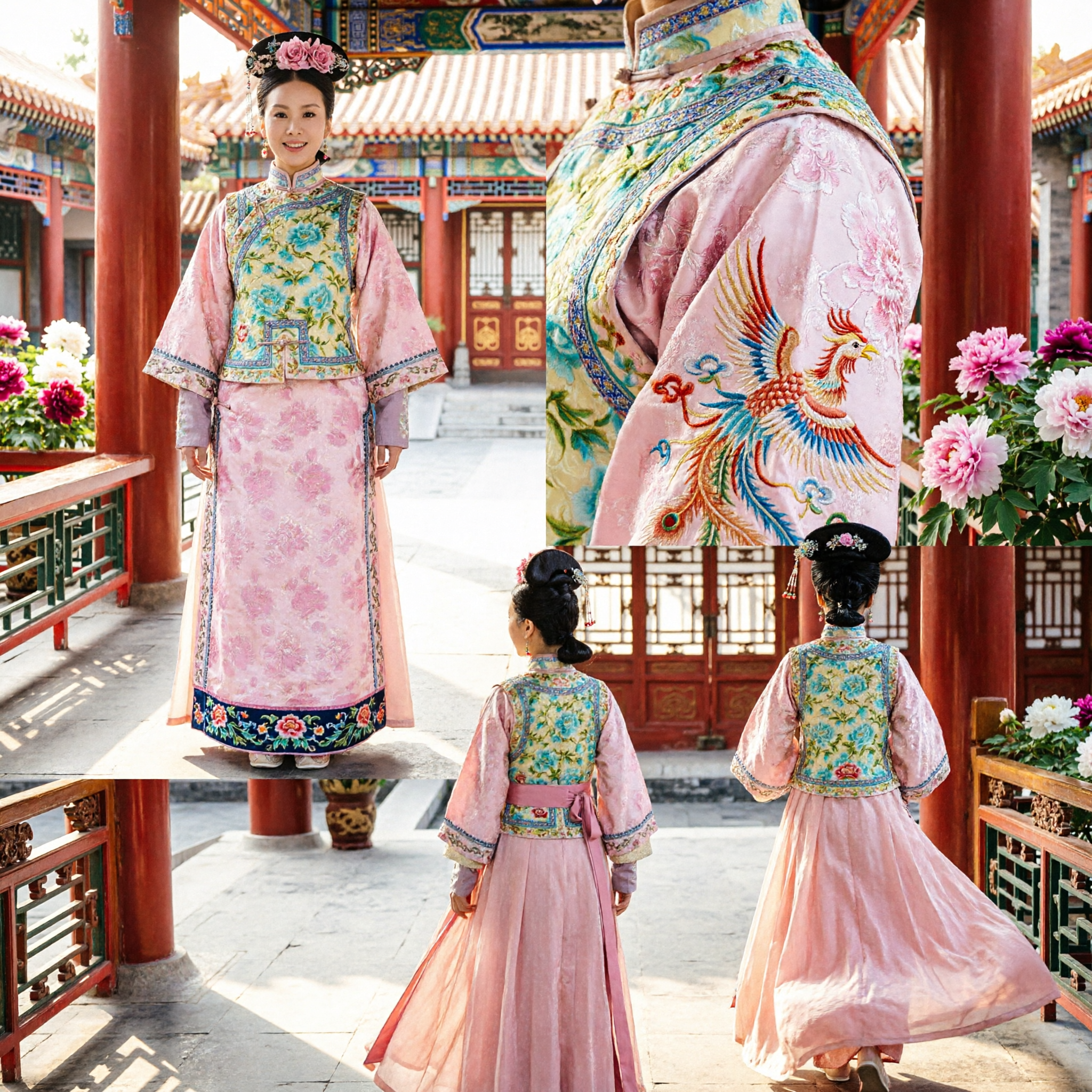 Traditional Chinese Qing Dynasty Palace Costume Pink Floral Dress and Embroidered Vest for Women Dance Performance