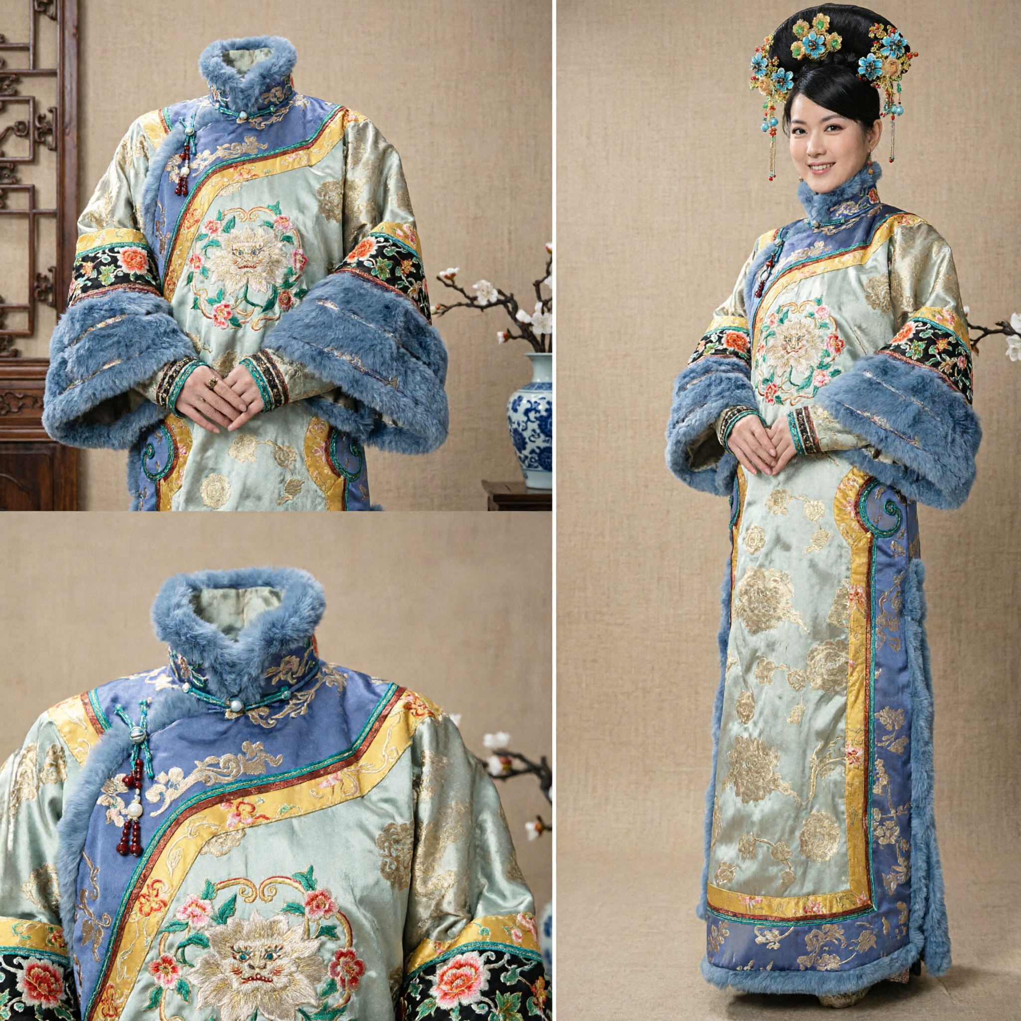 Traditional Chinese Qing Dynasty Manchu Princess Costume Complete Set Embroidered Robe Fur Trim Headdress Women