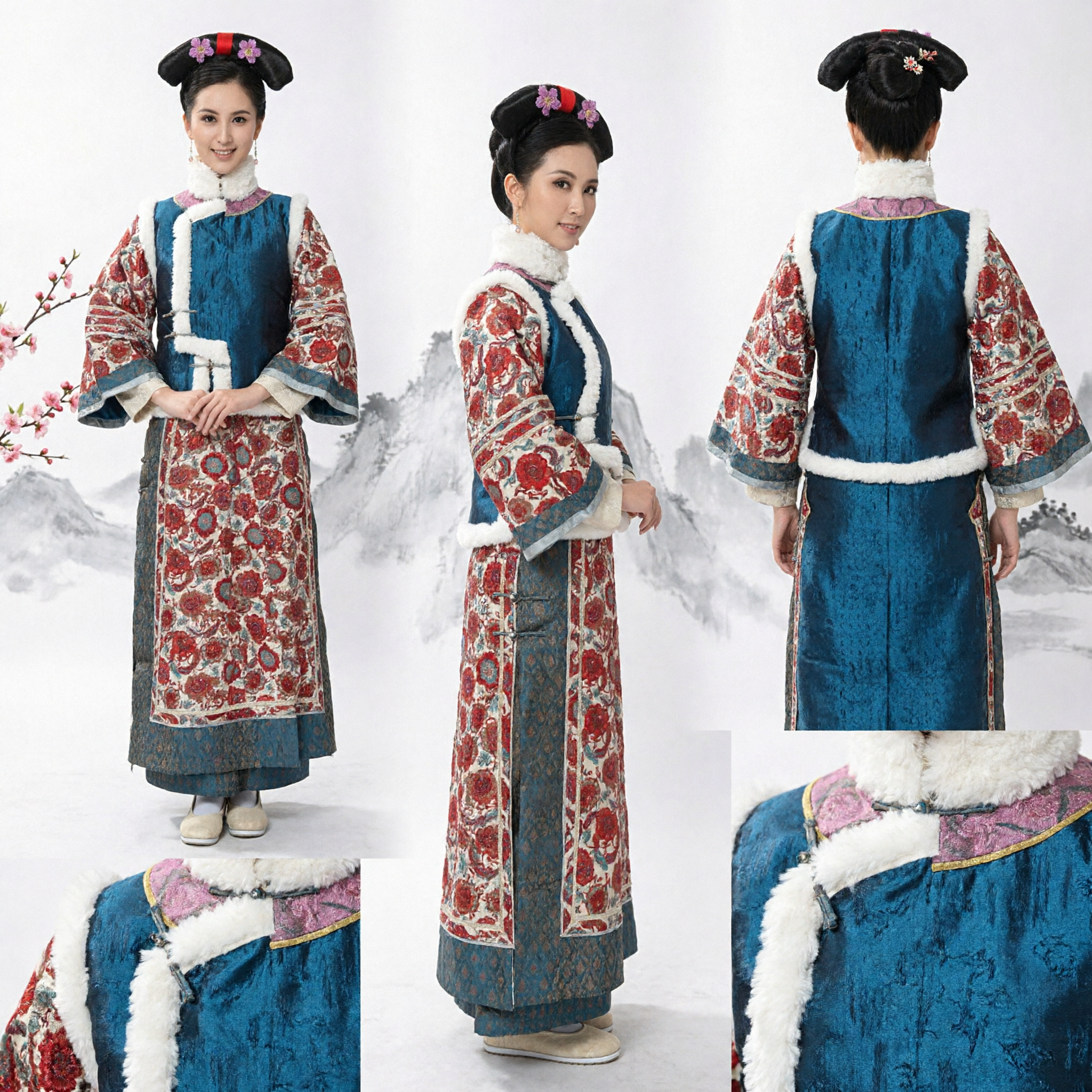 Traditional Chinese Qing Dynasty Manchu Noble Lady Costume Complete Set with Headpiece for Women Stage Performance