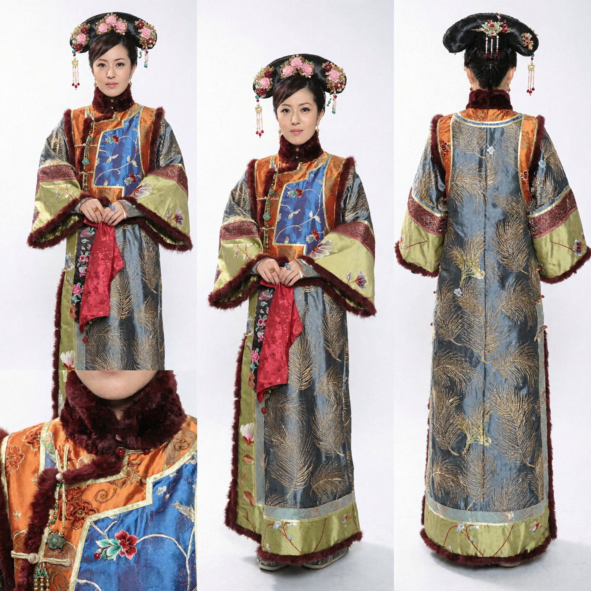 Traditional Chinese Qing Dynasty Princess Costume Ancient Manchu Palace Lady Embroidery Robe with Headpiece for Cosplay