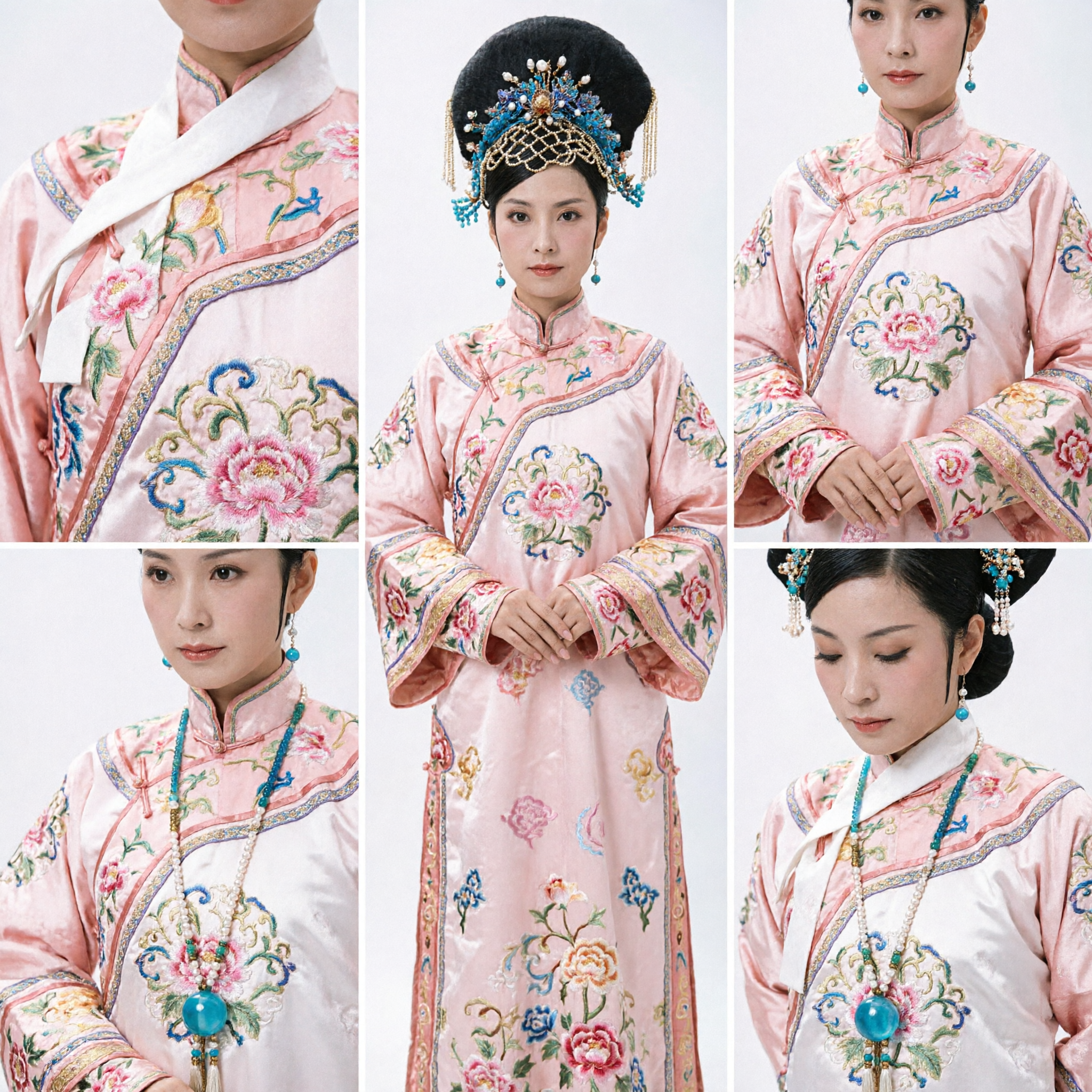 Traditional Chinese Qing Dynasty Noble Lady Pink Embroidered Robe and Headdress Complete Costume Set for Women