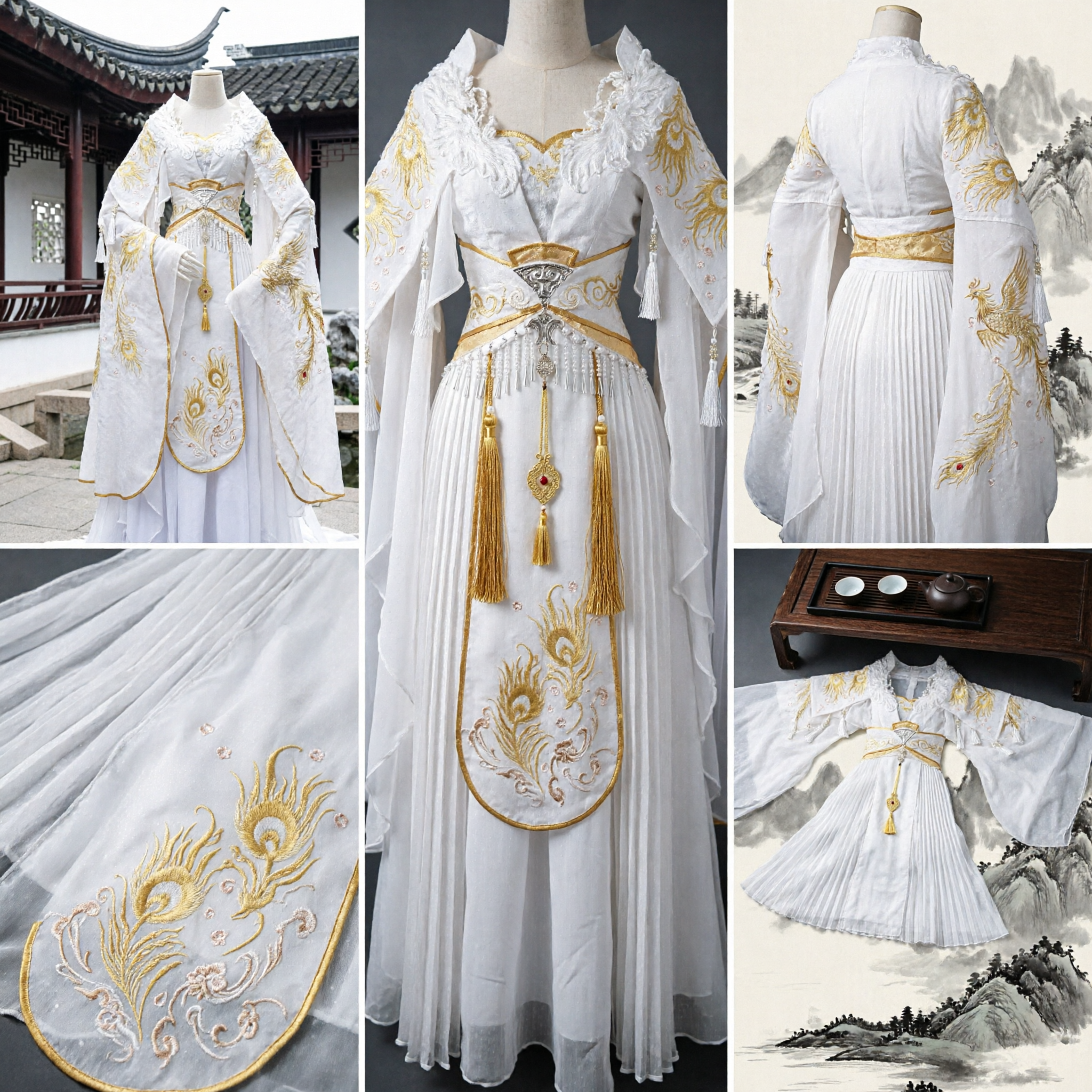 Traditional Chinese Hanfu White and Gold Embroidered Ancient Fairy Costume for Women Cosplay Wedding Dress
