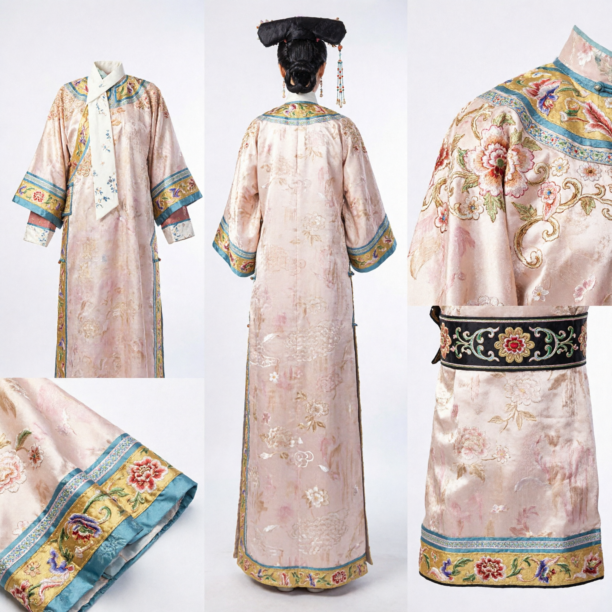 Traditional Chinese Qing Dynasty Manchu Princess Embroidered Robe and Headdress Complete Costume Set for Women Drama