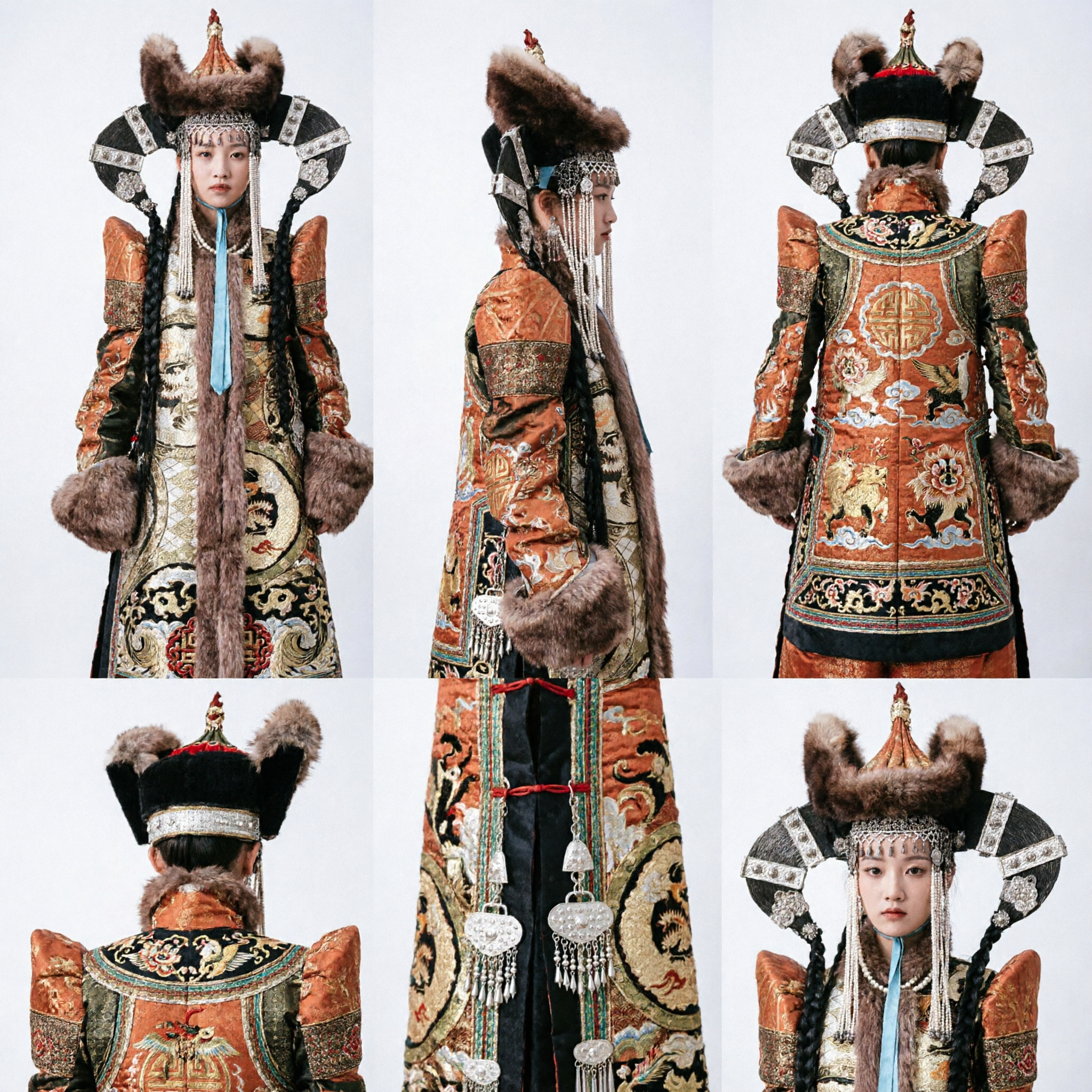 Elaborate Ancient Mongolian Queen Costume with Fur Headdress for Women Historical Drama Cosplay and Stage Performance