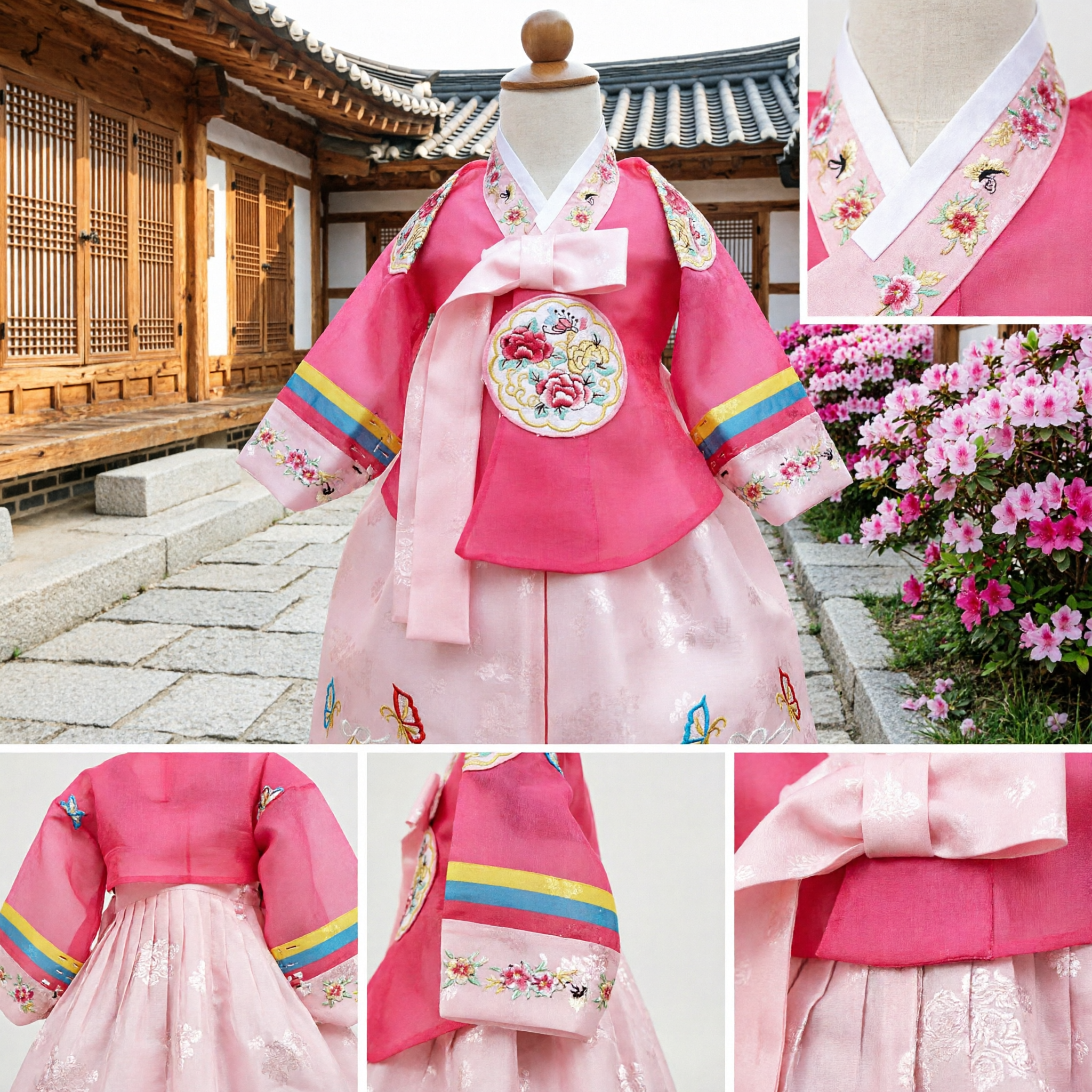 Traditional Korean Hanbok for Girls Pink Embroidered Jeogori and Chima Set for Doljanchi Wedding Festivals