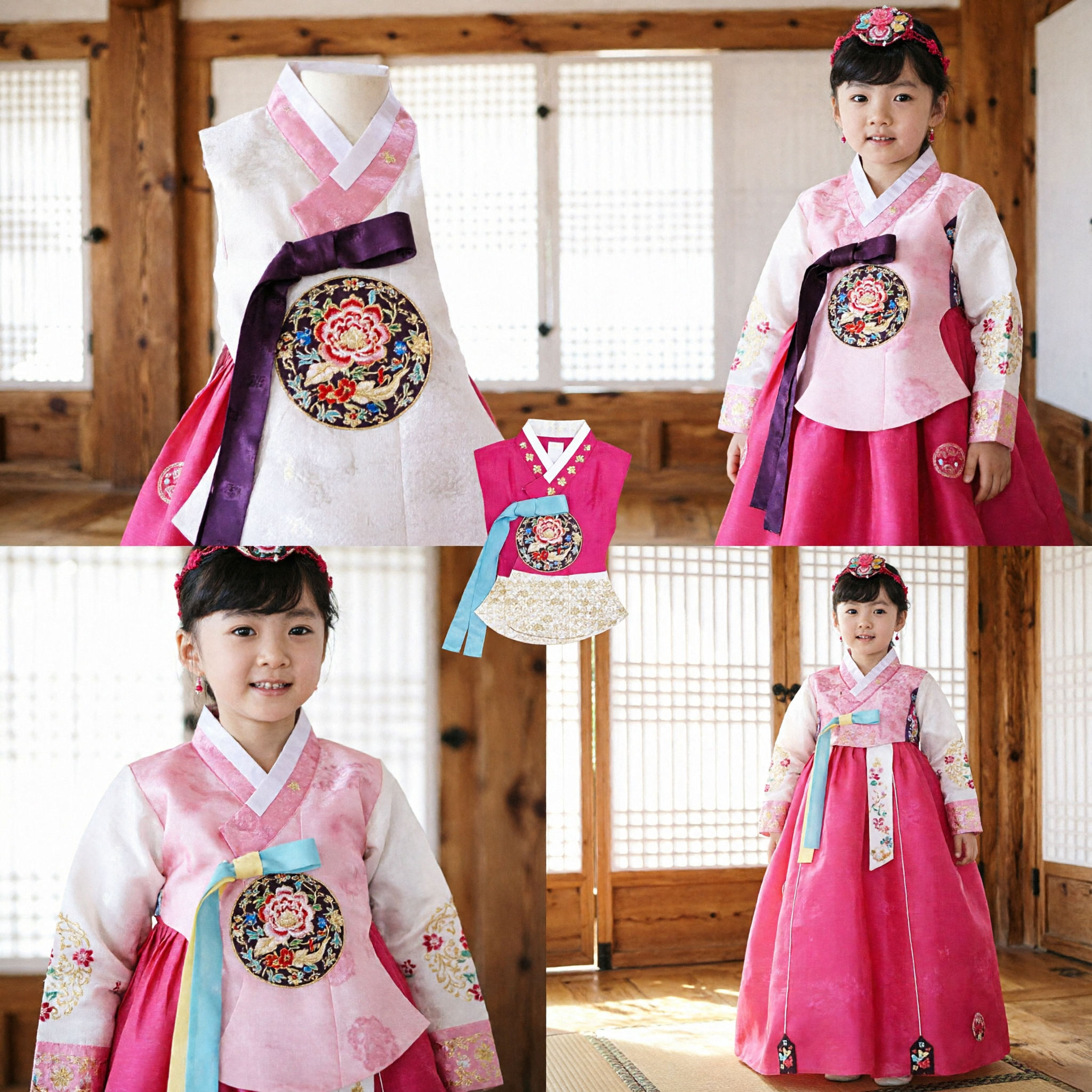 Girls Pink Floral Korean Hanbok Traditional Dress Kids Holiday Birthday Party Costume