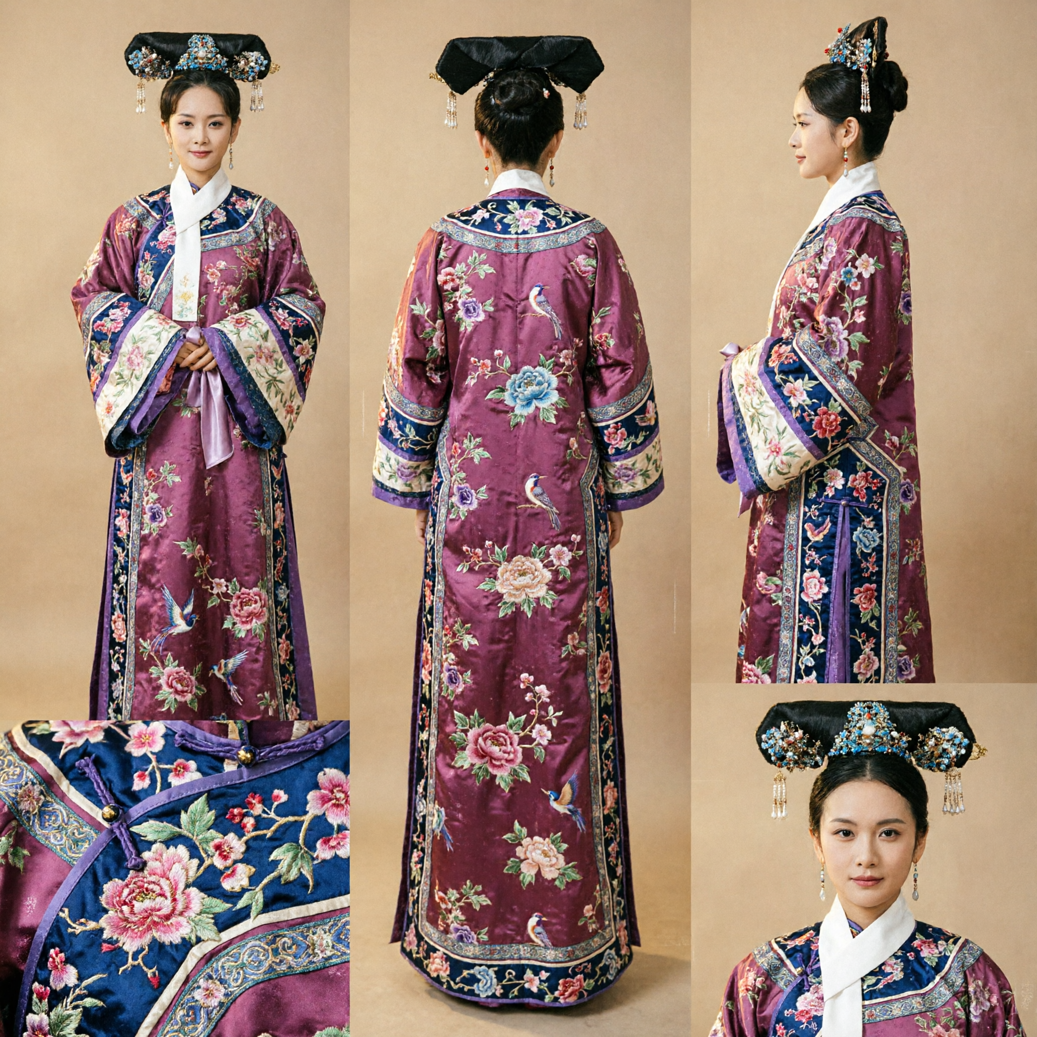 Traditional Chinese Qing Dynasty Manchu Noble Lady Costume Purple Floral Robe and Headdress for Women Cosplay