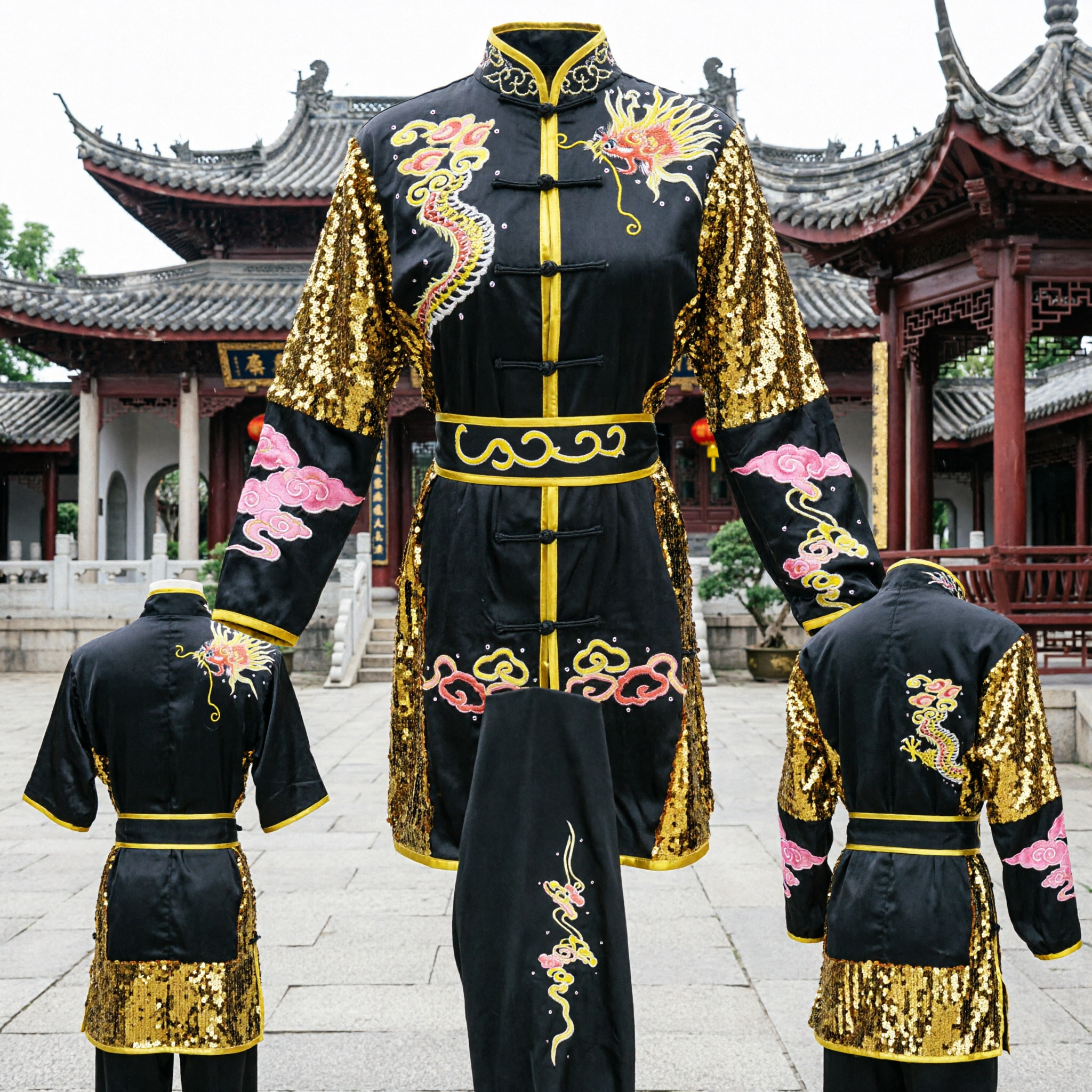 Men's Black Dragon Kung Fu Uniform Traditional Wushu Tai Chi Costume with Gold Sequin Details