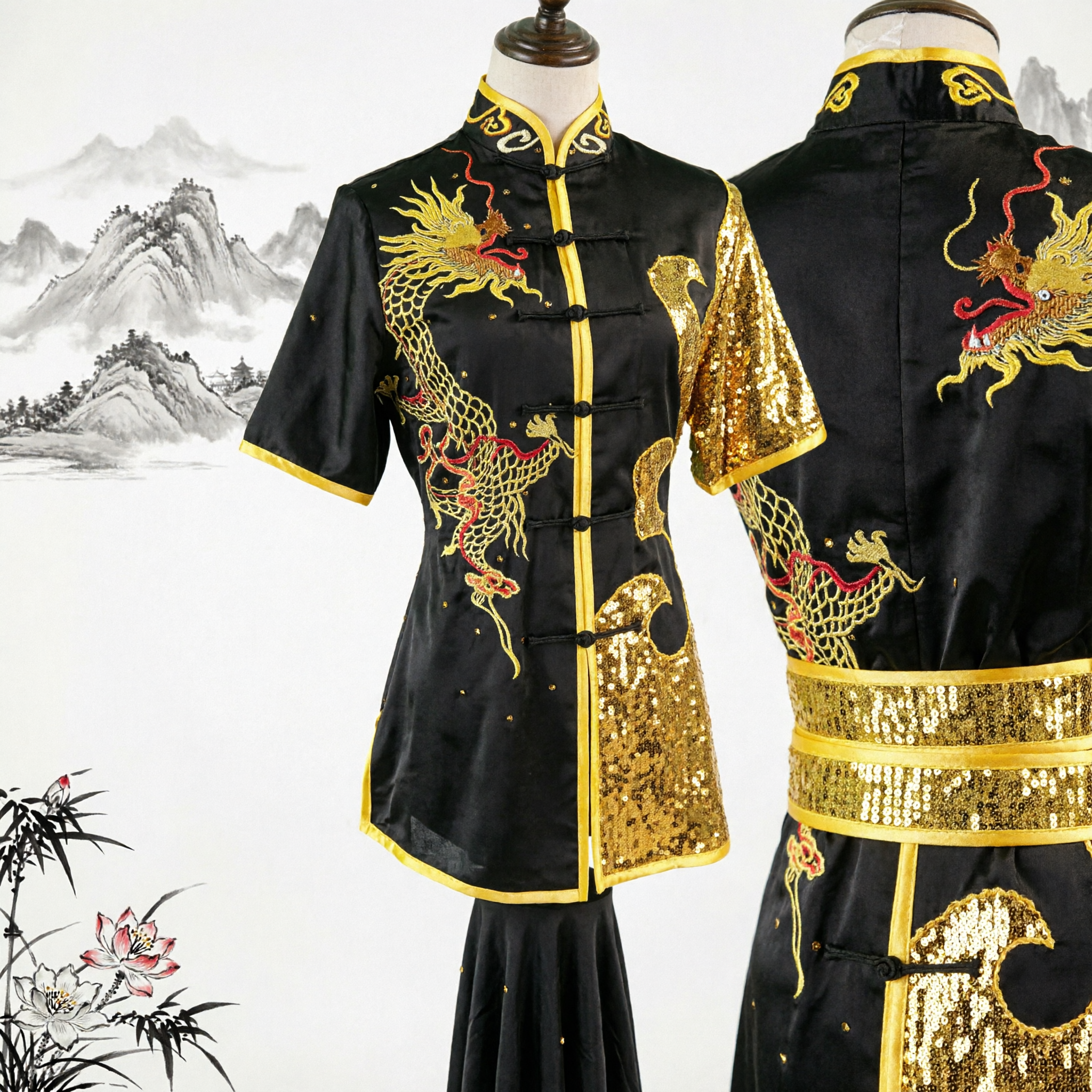 Men's Traditional Chinese Kung Fu Uniform Black Gold Dragon Sequin Wushu Martial Arts Performance Costume