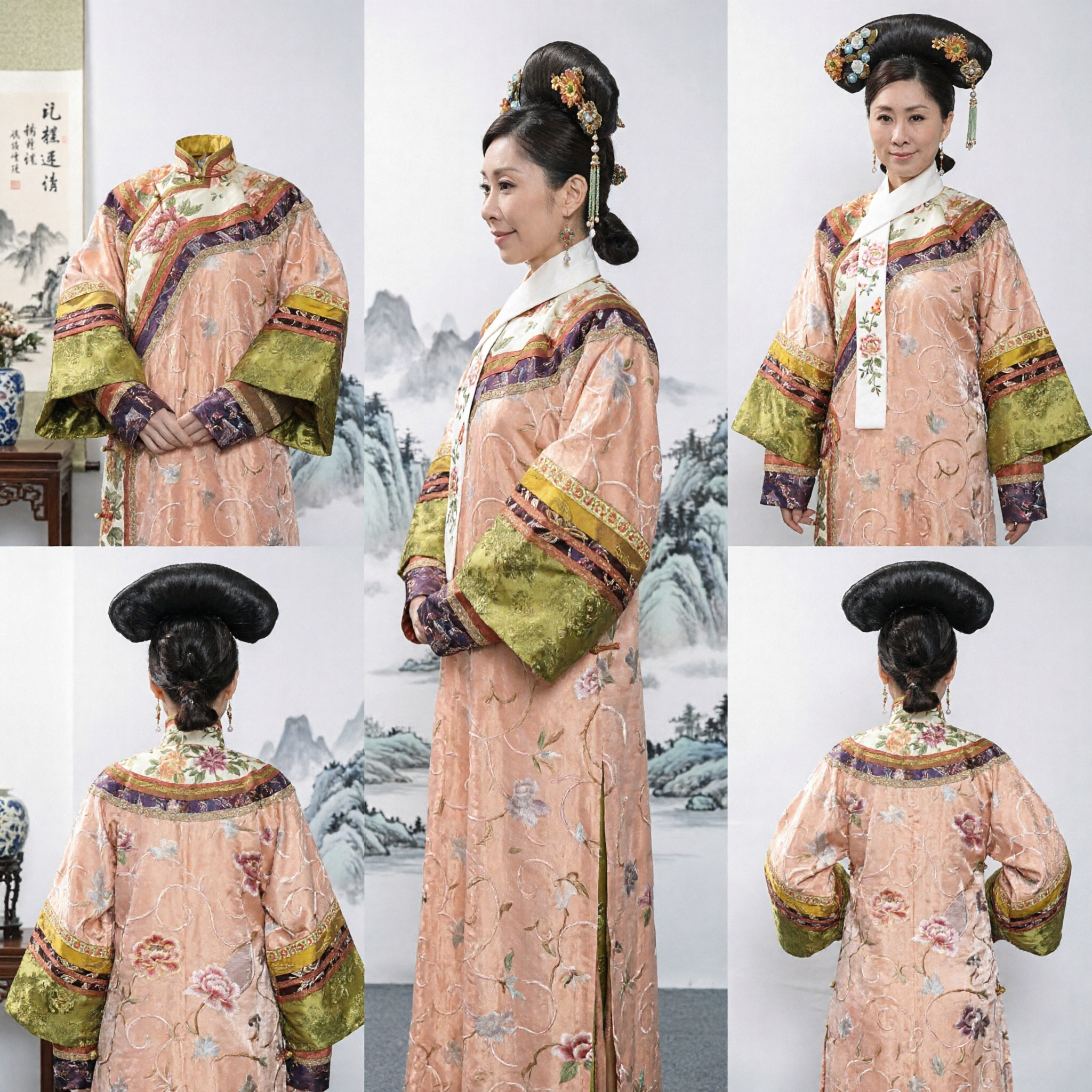 Traditional Chinese Qing Dynasty Manchu Princess Costume Peach Floral Embroidered Robe with Headdress Set