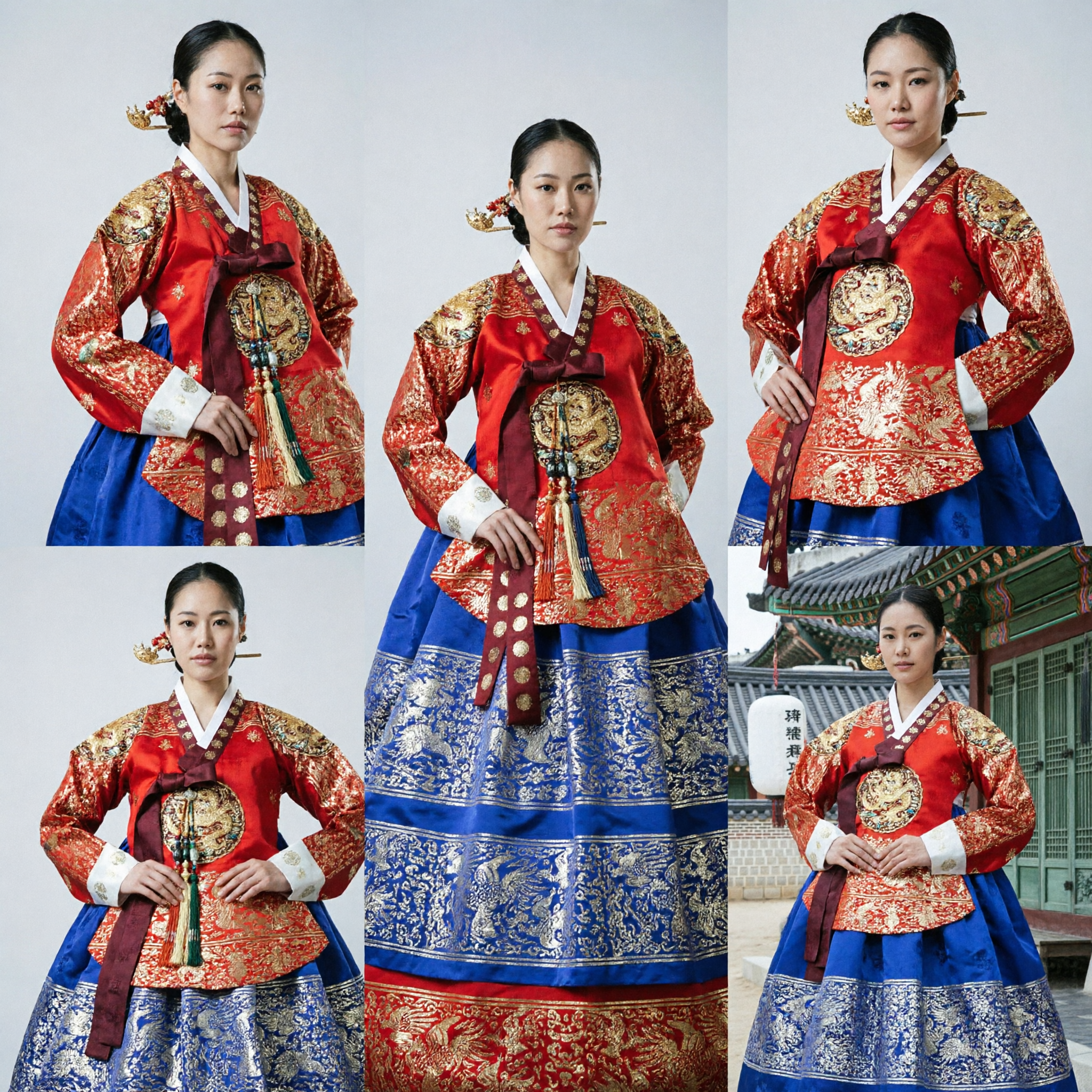 Korean Traditional Hanbok Royal Palace Costume Red and Blue Embroidered Ceremonial Dress for Women