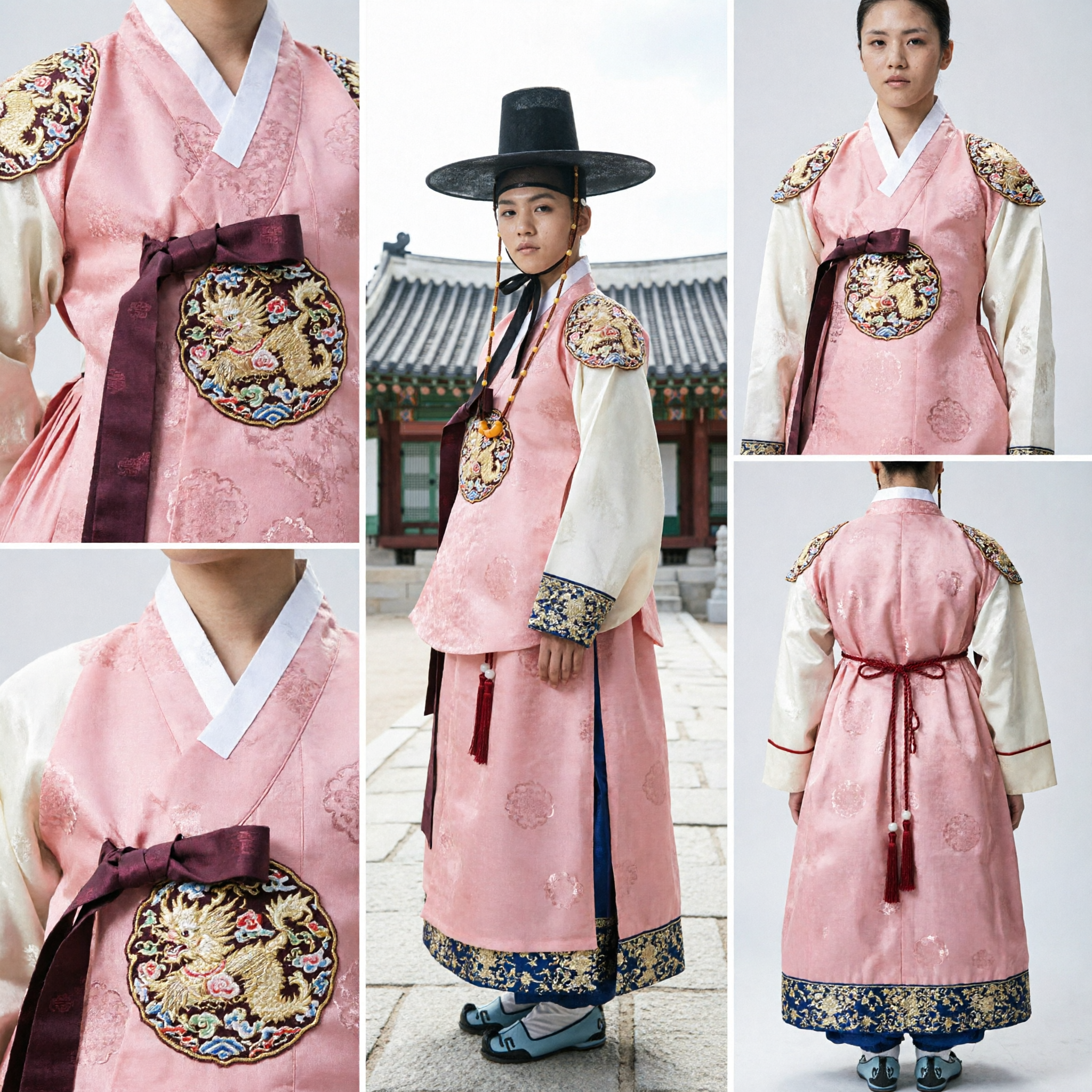 Traditional Korean Scholar Hanbok Pink Robe Costume with Black Gat Hat for Men Cosplay and Performance