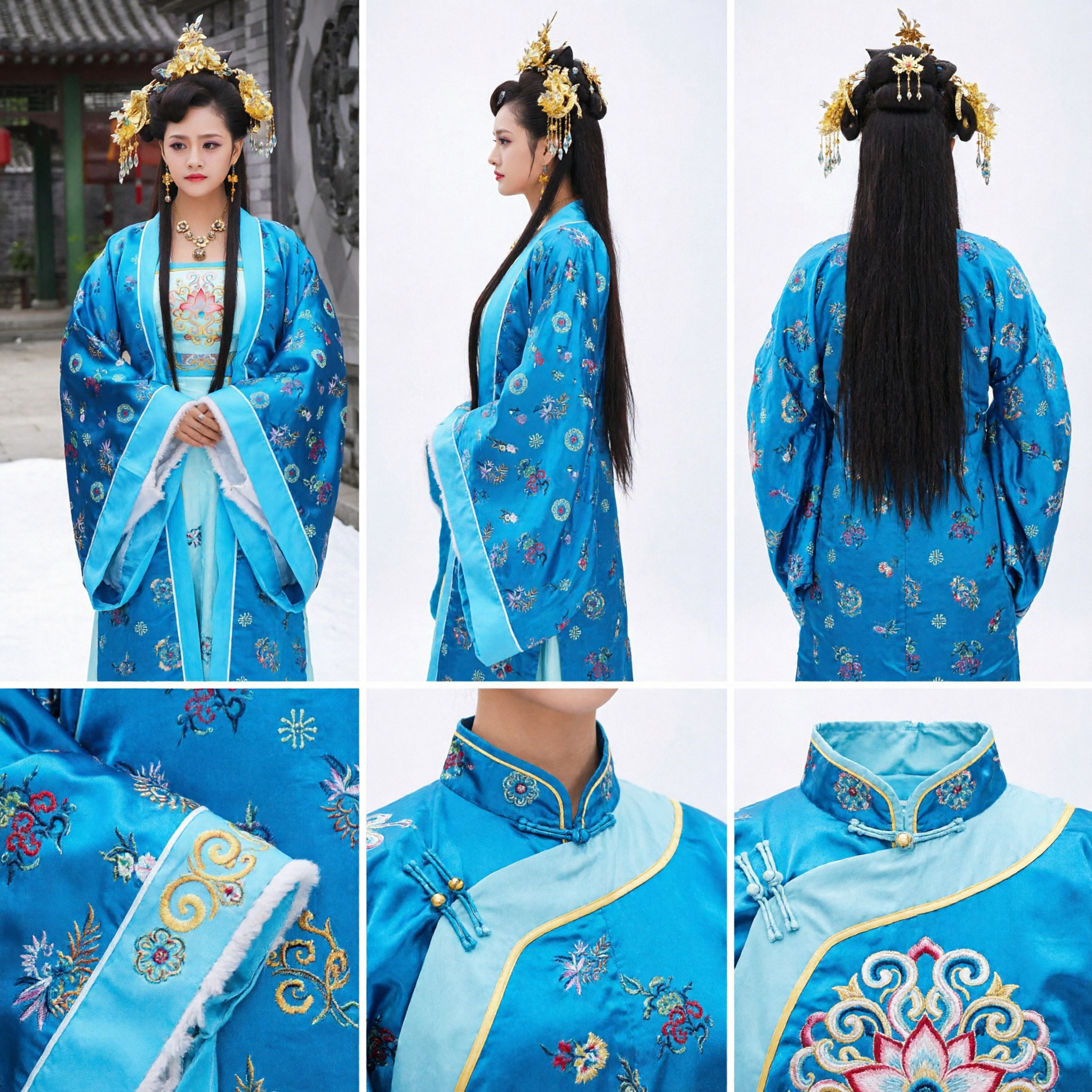 Traditional Chinese Ancient Princess Hanfu Costume Blue Embroidered Robe with Hair Accessories for Women