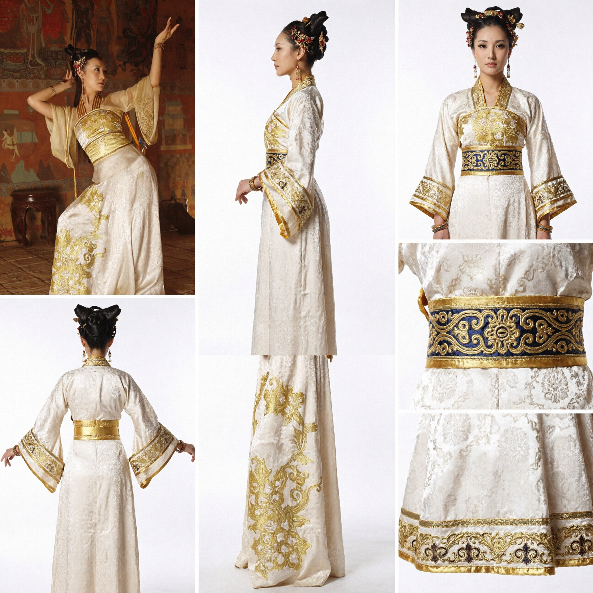 Women's Chinese Traditional Tang Dynasty Dunhuang Dance Costume Gold Embroidered Classical Hanfu Dress for Stage Performance