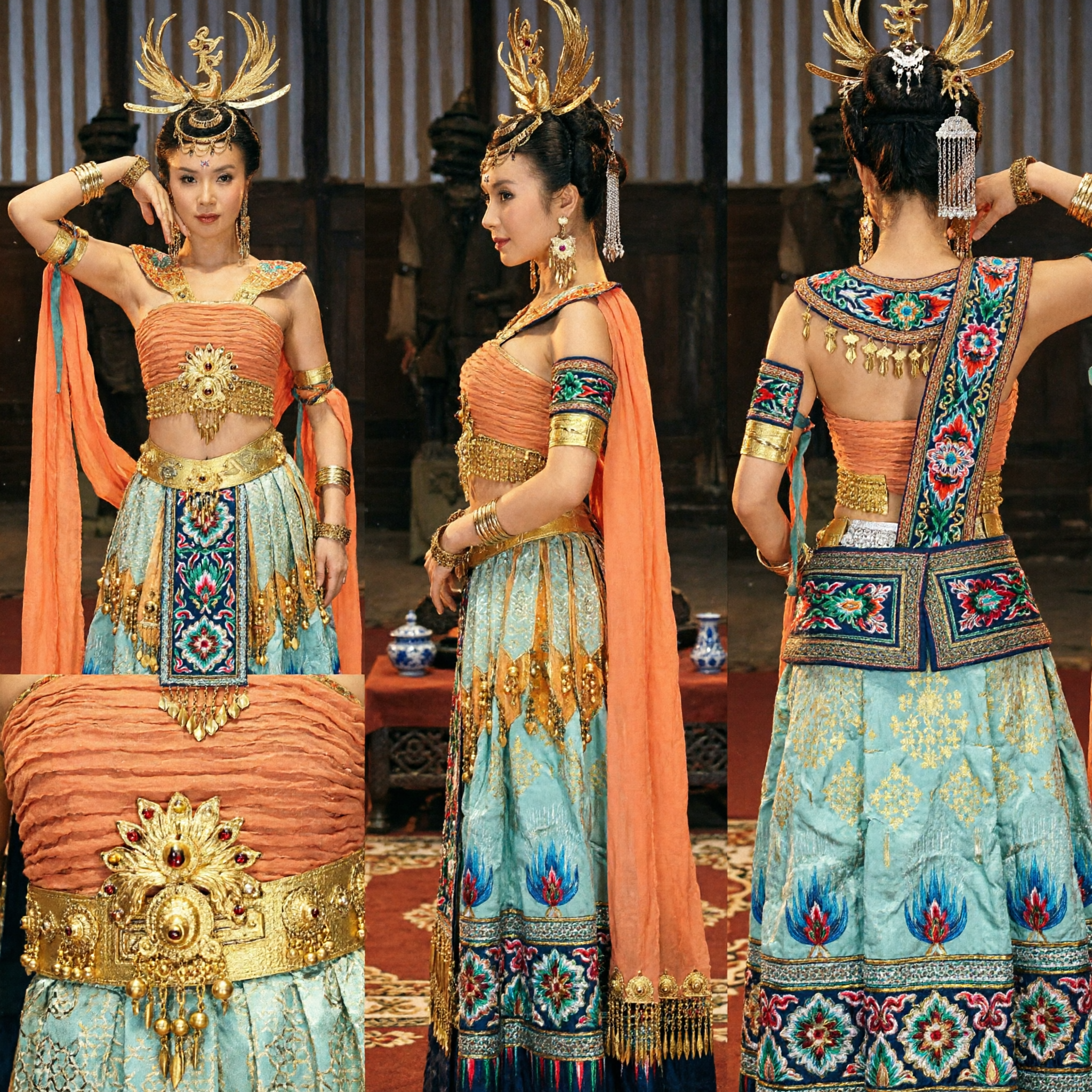 Women's Chinese Dunhuang Dance Costume Ancient Palace Dancer Outfit with Golden Headdress for Stage Performance