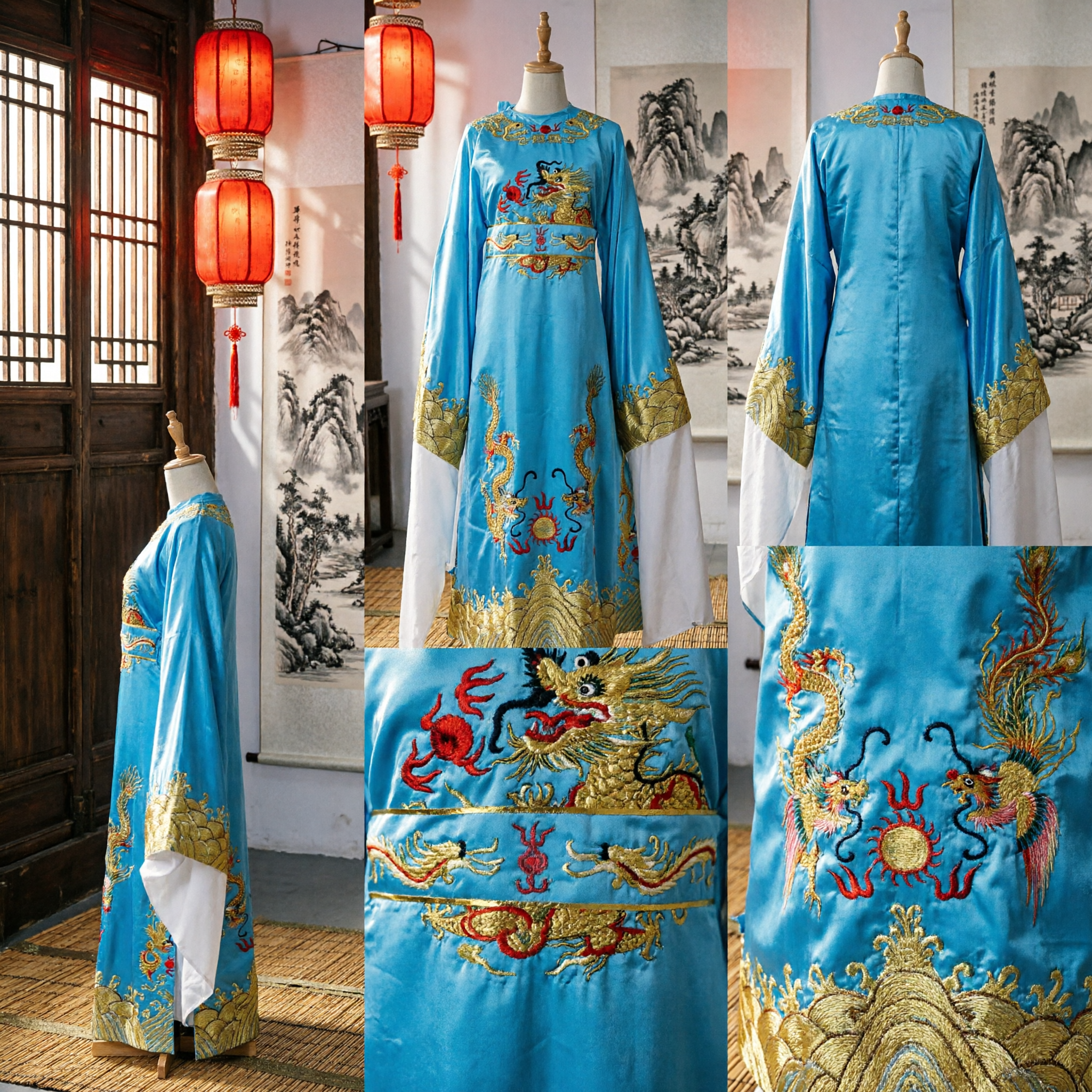Traditional Chinese Beijing Opera Blue Dragon Robe Costume Gold Embroidered Stage Performance Clothing for Men