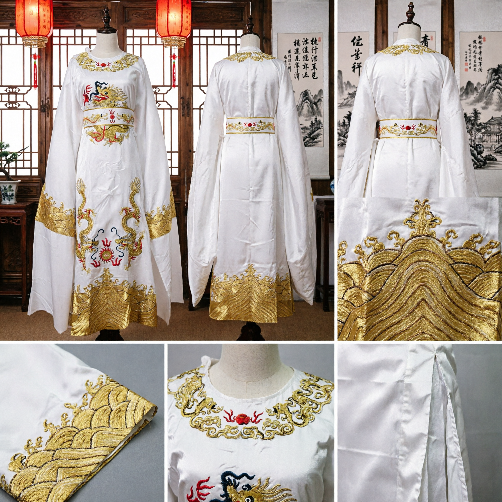 Traditional Chinese White Dragon Robe Peking Opera Costume Men Ancient Embroidery Hanfu for Performance