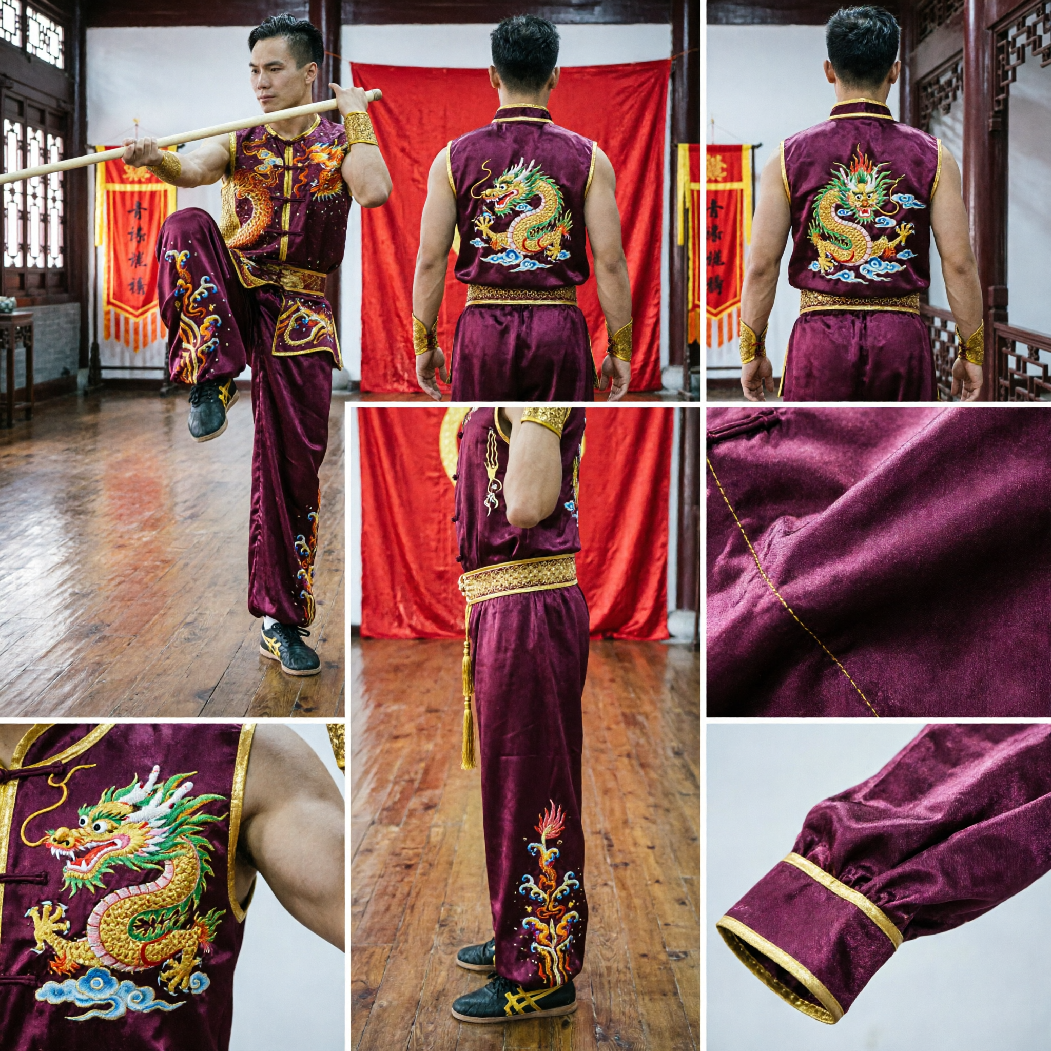 Mens Purple Satin Wushu Uniform with Gold Dragon Embroidery for Kung Fu Competition Performance