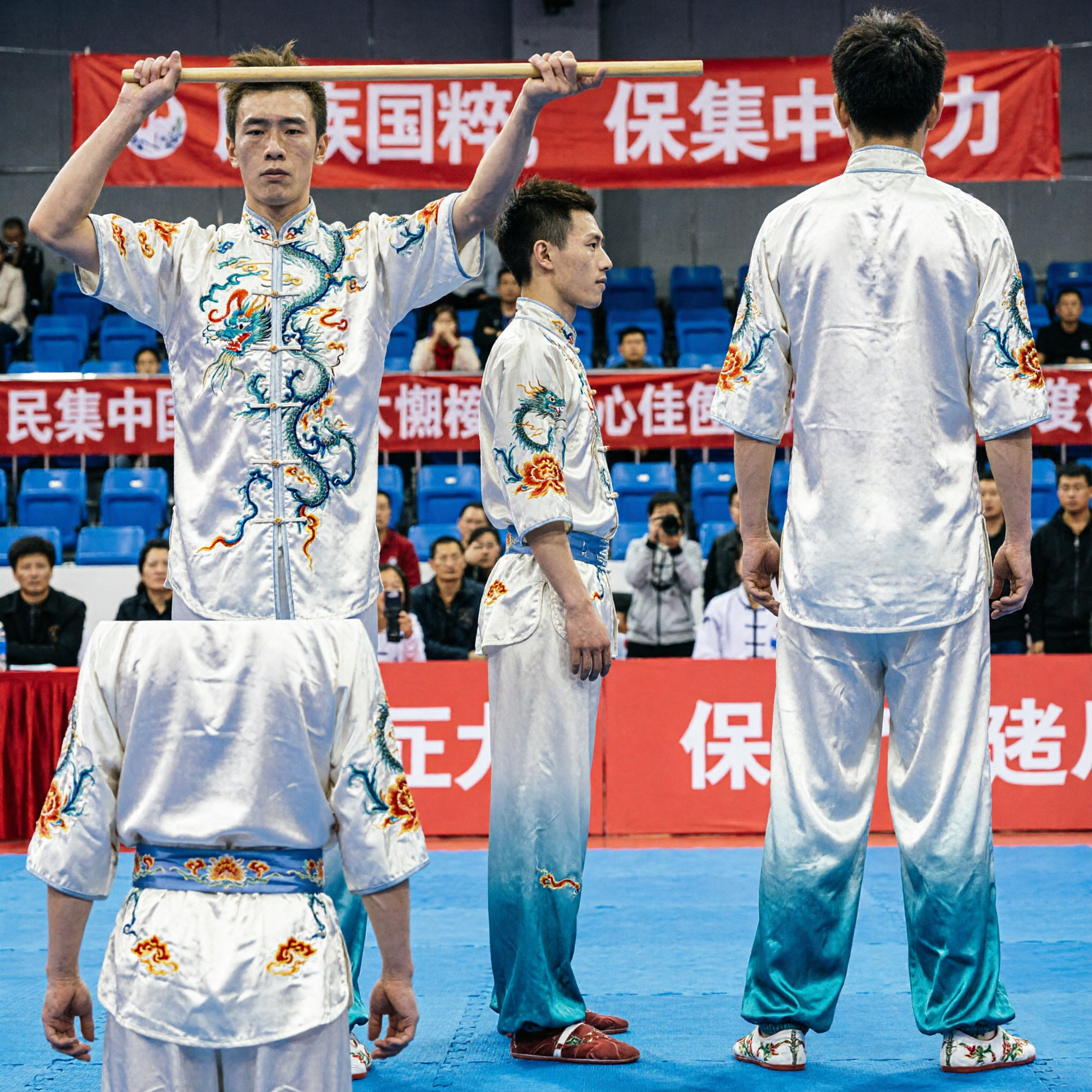 Professional Mens Wushu Competition Uniform White Embroidered Dragon Kung Fu Costume for Martial Arts Performance